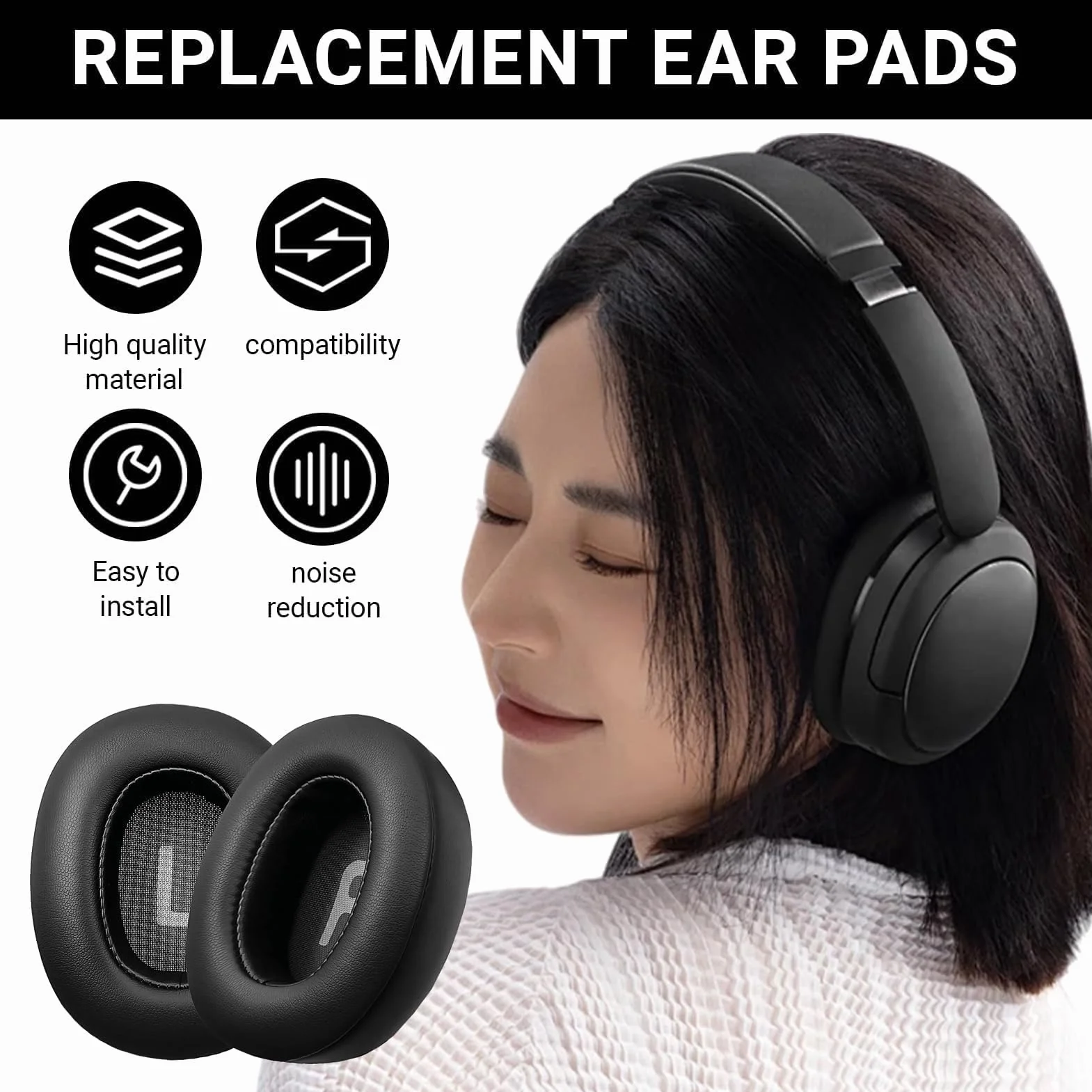 1 para wkładek dousznych do JBL Tune 700 (700BT)/710 (710BT)/720(720BT)/750 BT, 750BT, 760(760NC), Nie jest kompatybilny z modelem 770 (770NC), miękka skóra białkowa (czarny)