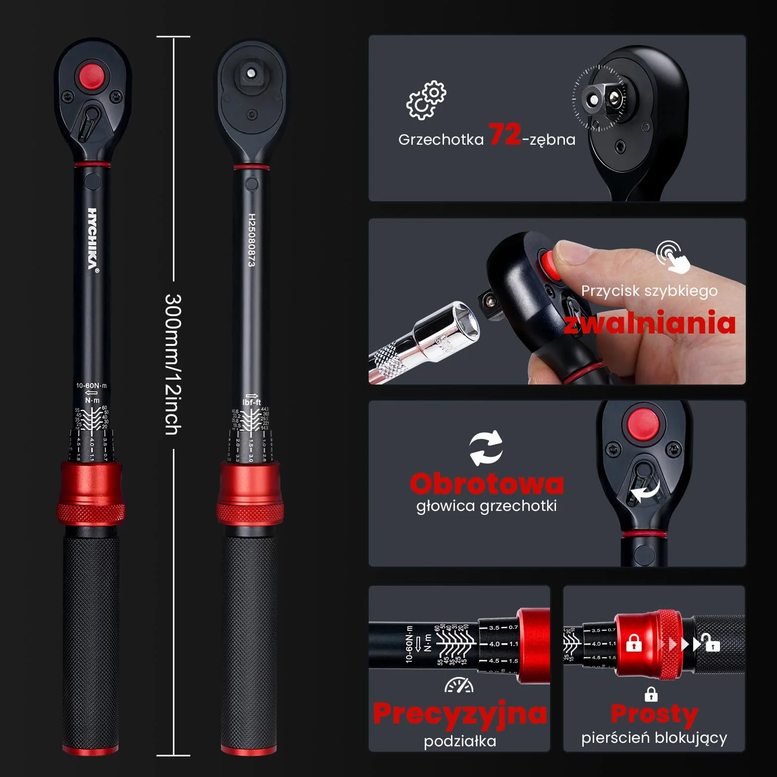 HYCHIKA klucz dynamometryczny 3/8", 10-60 Nm, dokładność ± 2%, 72 zęby, zestaw kluczy dynamometrycznych do samochodu, motocykla, roweru, adaptera 3/8 na 1/4, przegub kardanowy, drążek przedłużający 75