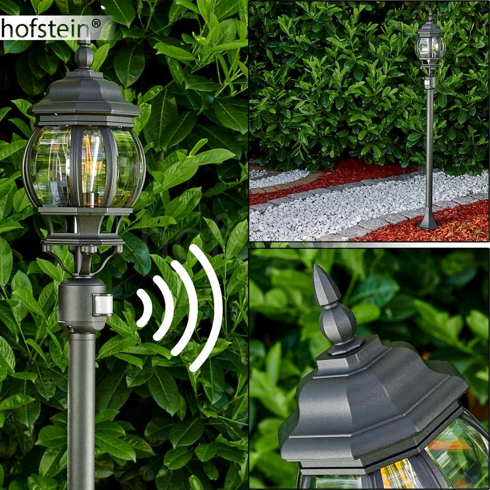 Lampa zewnętrzna Lentua z czujnikiem ruchu, oświetlenie drogi, odlew aluminiowy w kolorze czarnym z plastikowymi tarczami, lampa podłogowa 130cm, E27, IP44, bez żarówek