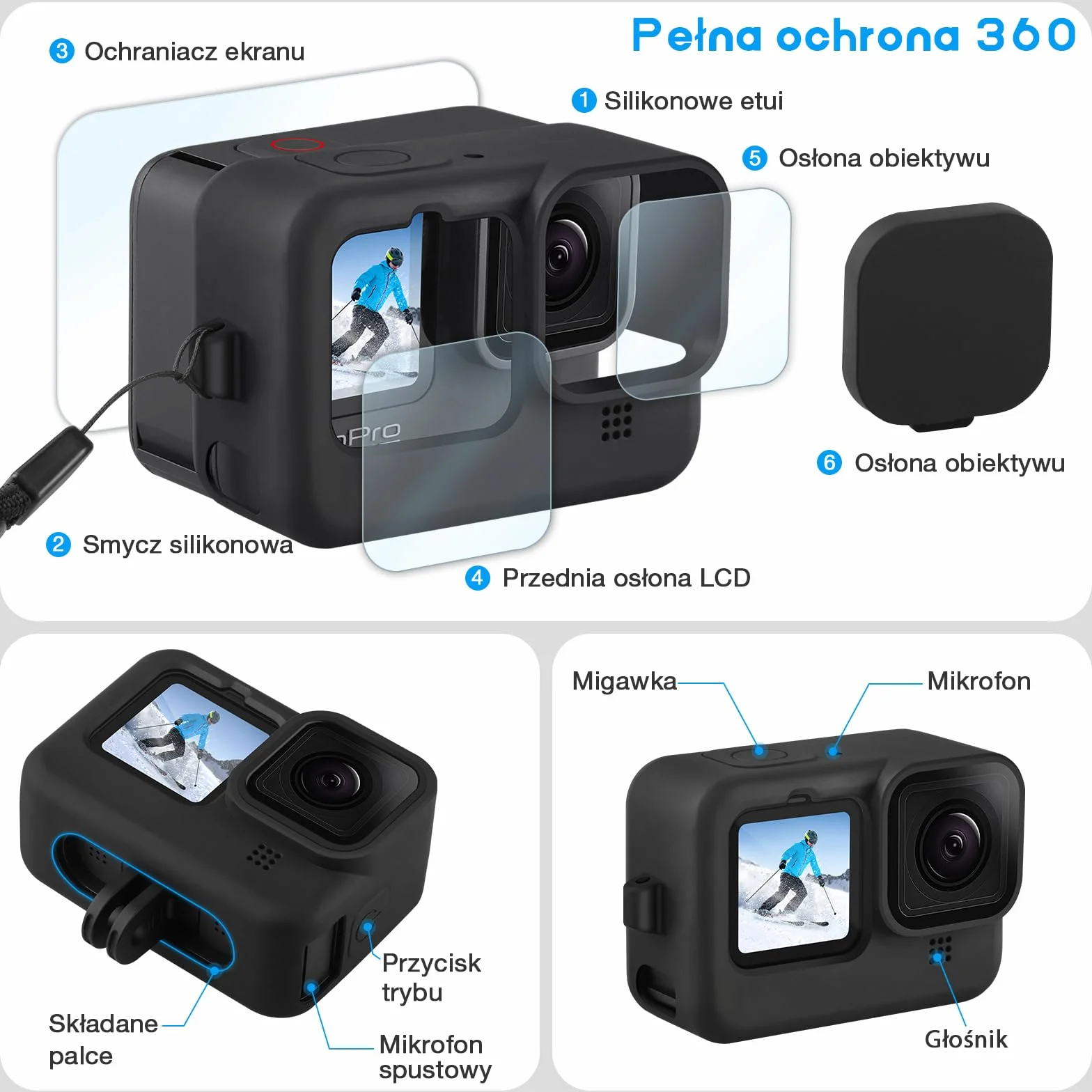 REDTRON Silikonowy futerał i zestaw ochronny na ekran do GoPro Hero 12 11 10 9, 6x szkło hartowane, 2x osłona obiektywu