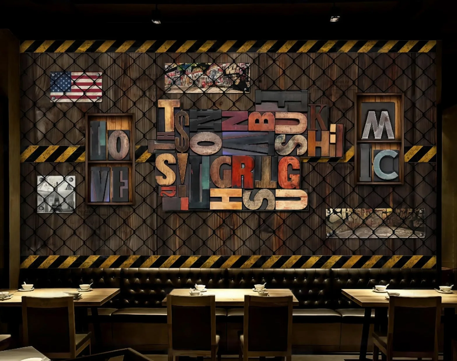 Nostalgiczna tapeta retro drut kolczasty angielskie litery muzyka bar sklep z napojami zachodnia restauracja tło mural popołudniowa herbata kawa tapeta, 3D, 250x175cm