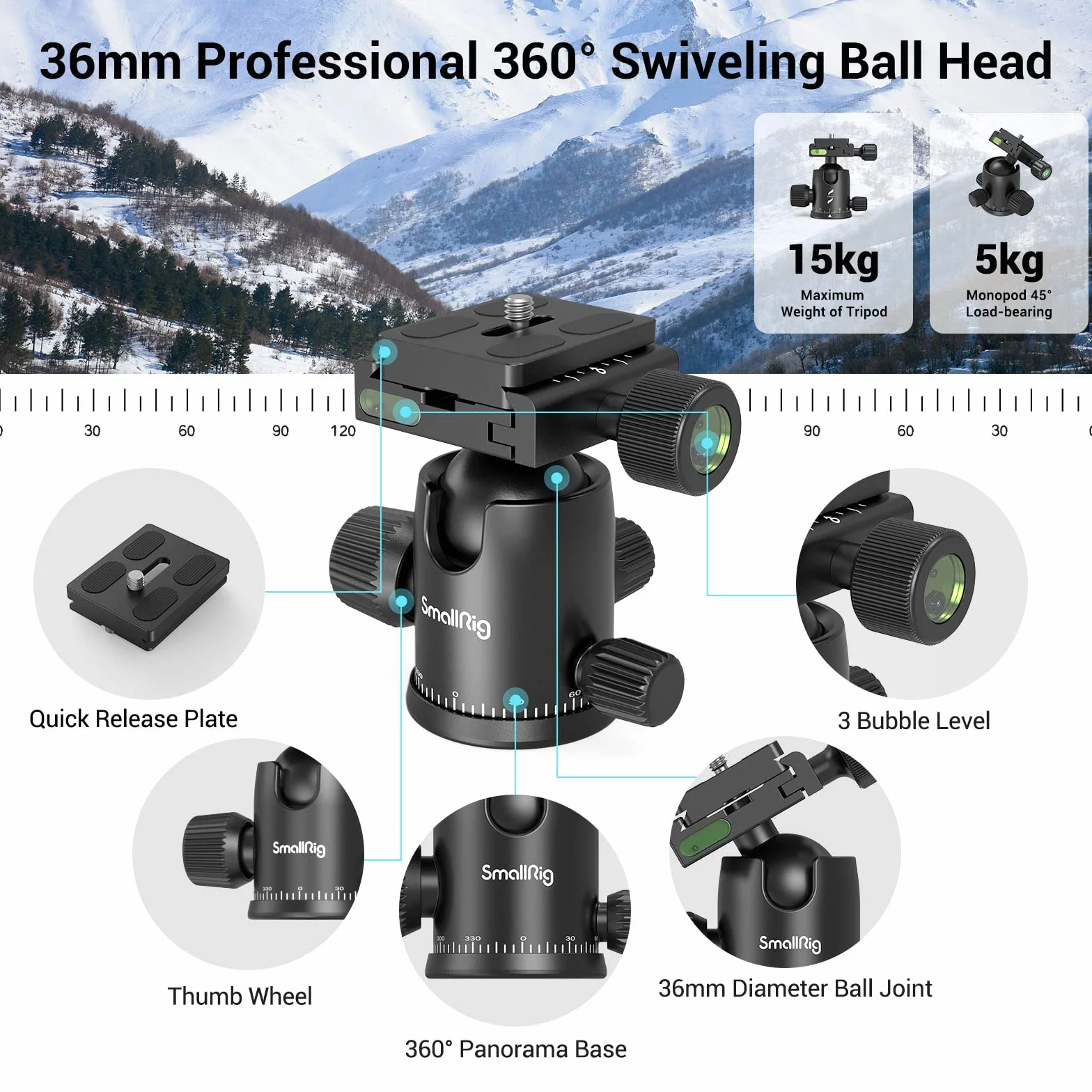 SMALLRIG 71" statyw fotograficzny składany aluminiowy, głowica kulowa 360°, ładowność 15 kg