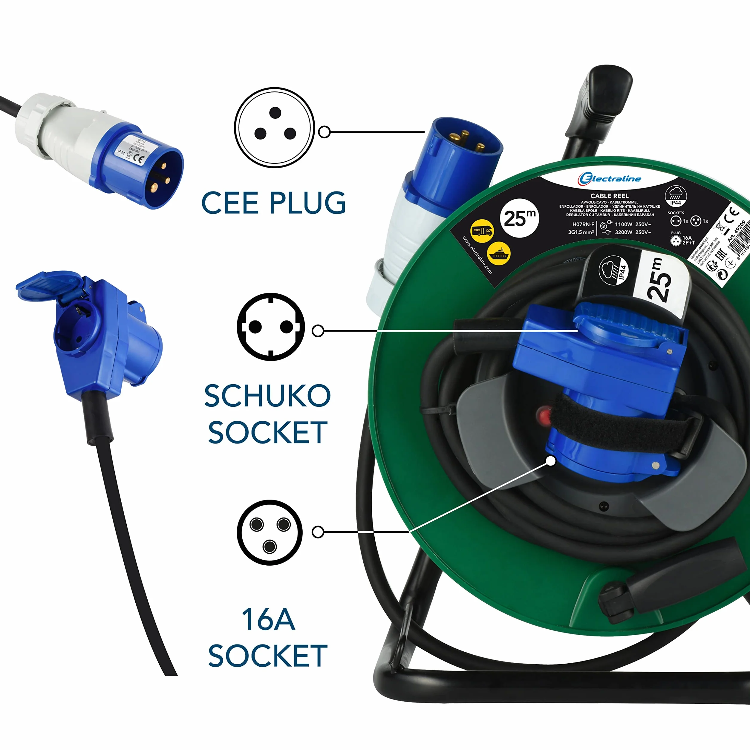 Electraline 49209 Gumowy przedłużacz elektryczny z nawijaniem kabla samochodowego, kempingowego, przyczepy kempingowej, z trójbiegunową wtyczką CEE i ceną przemysłową IEC-IP44, zielony/czarny, 25 M