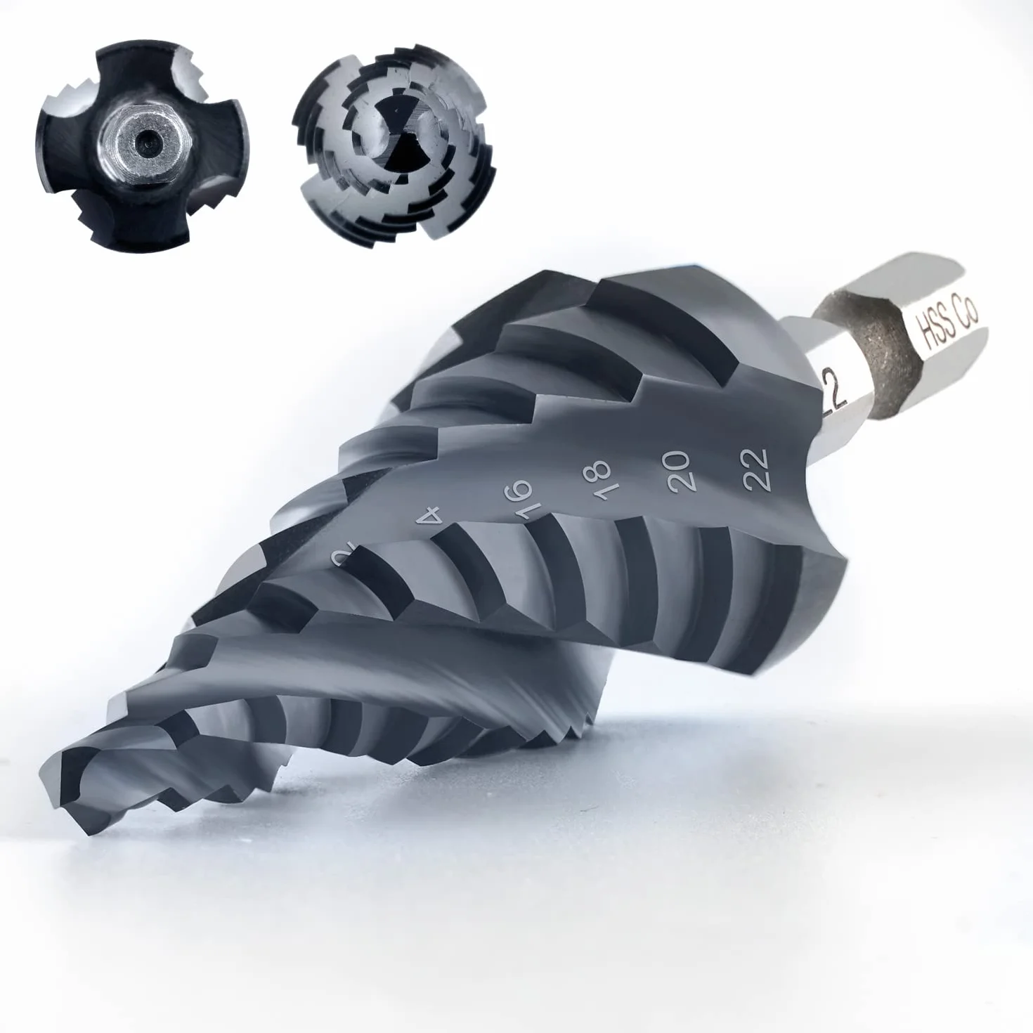 toolant® Kobalt HSS wiertło stopniowe [trzon 6,35mm] - Ø 4-22mm Cztery spiralne rowki wiertło stopniowe, do metalu, stali nierdzewnej, tworzywa sztucznego, drewna - 10 stopni wiertło stożkowe