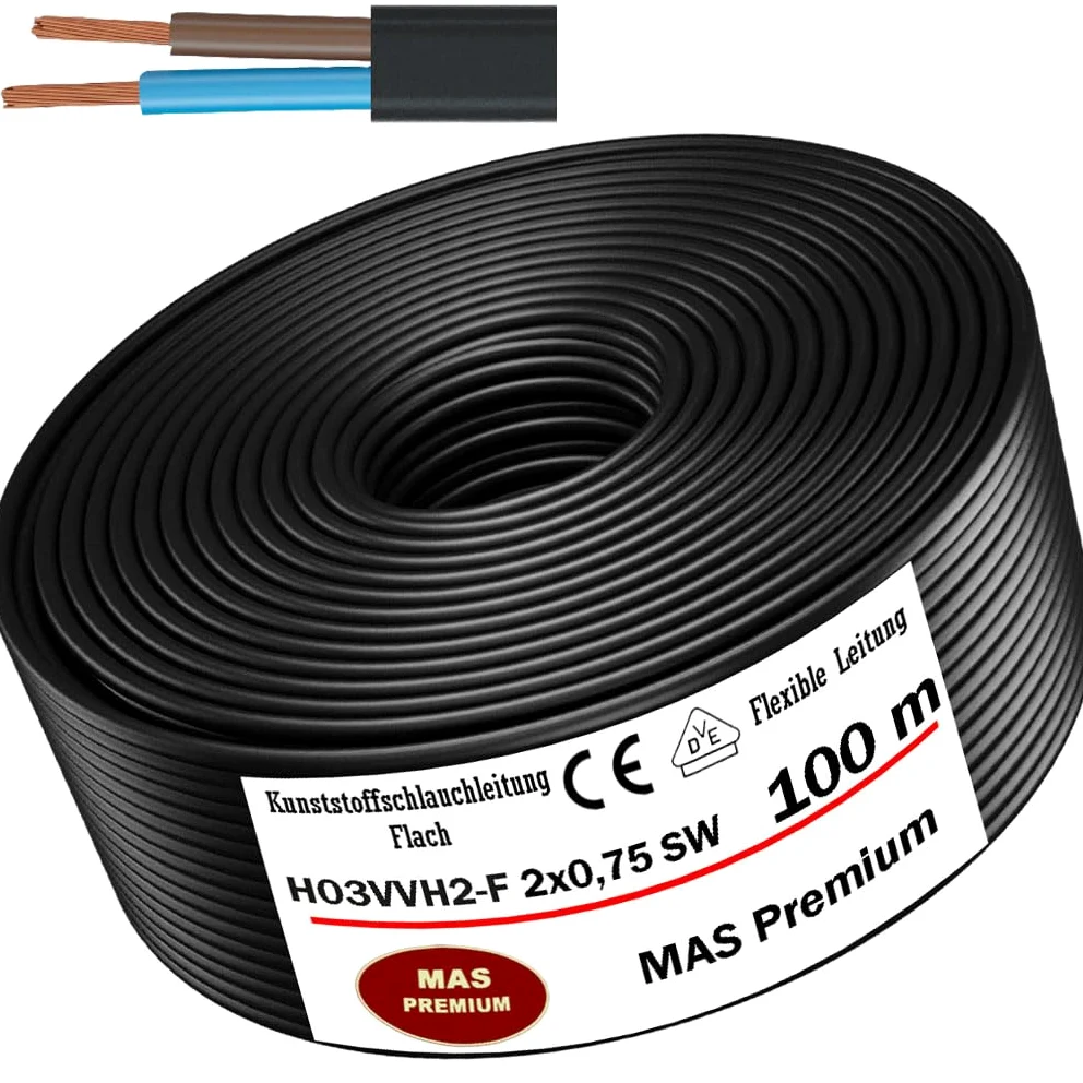 MAS Premium Przewód węża z tworzywa sztucznego (Flat) od 5 do 100 m H03VVH2-F 2X0,75 WS, 2 x 0,75 czarny lub biały, elastyczny kabel do urządzeń (czarny, 100 m)