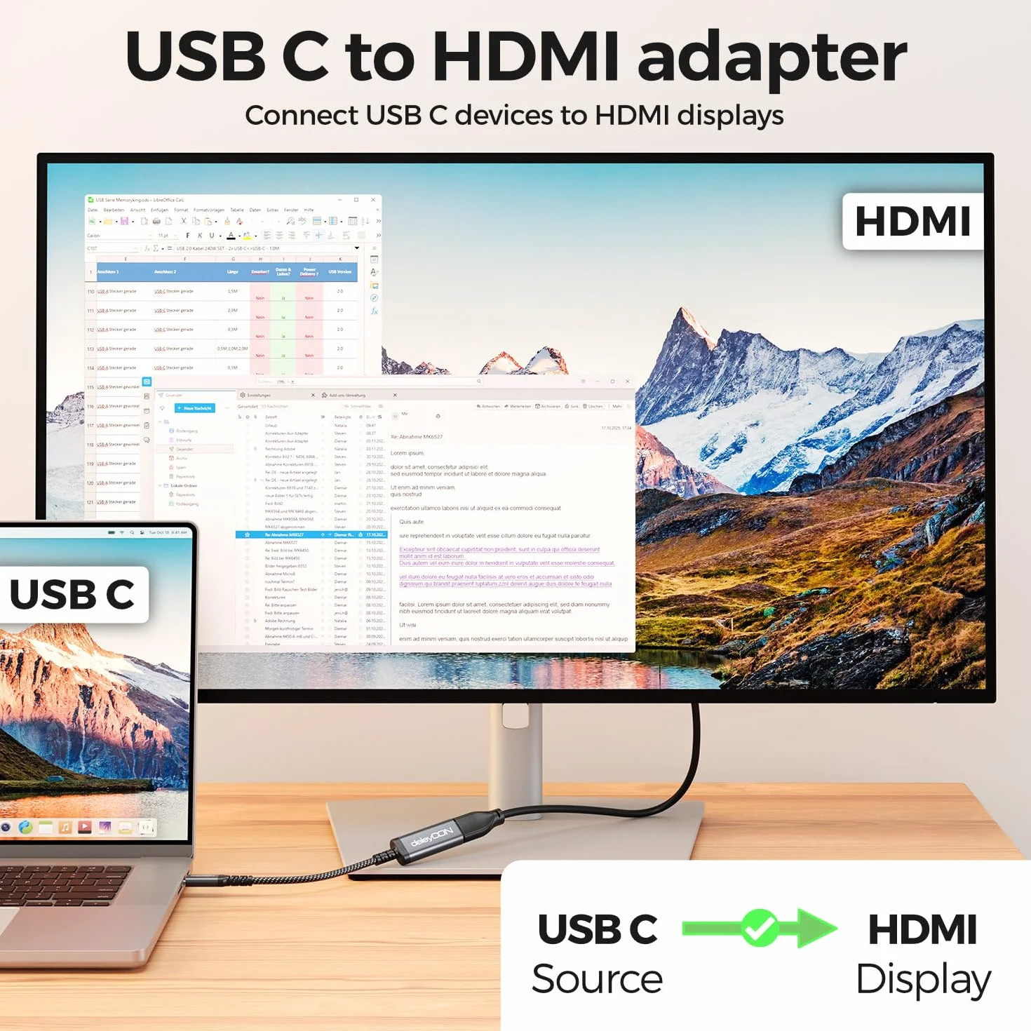 deleyCON Adapter Kabel USB‑C na HDMI - 4K UHD 60Hz - Aluminiowy, Pleciony - do Monitorów/TV/Projektorów HDMI - Kompatybilny z Thunderbolt 3/4, iPhone 17/16/15, MacBook, iPad Pro/Air, Galaxy S25/S24