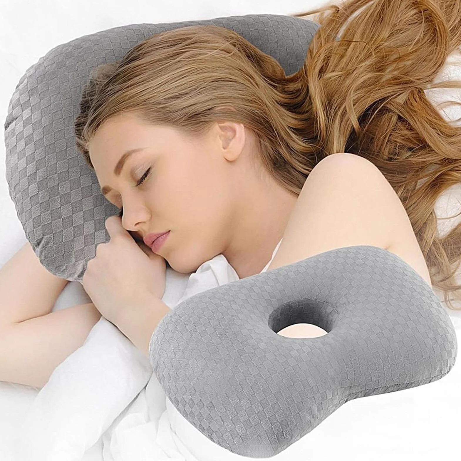 Poduszka do przekłuwania, poduszka do spania na boku, poduszka w kształcie pączka, podróżna, ergonomiczna, redukująca dyskomfort, poduszka podróżna do biura, na wycieczki, do akademika, samochodu