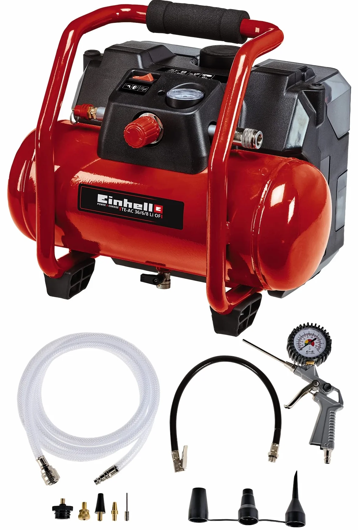 Einhell Sprężarka akumulatorowa TE-AC 36/6/8 Li OF Set Power X-Change (36 V, maks. 8 bar, 6 l zbiornik, moc ssania 130 l/min, prędkość obrotowa silnika 16000 min^-1, bezolejowa, bez akumulatora)