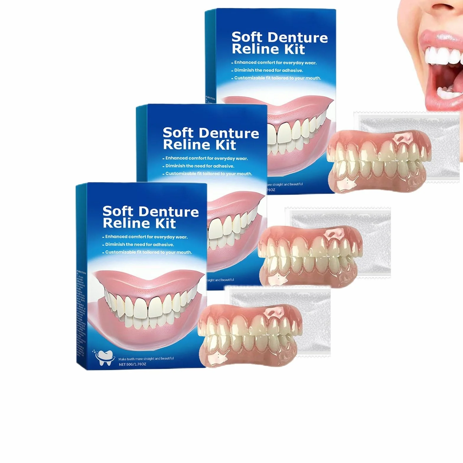Denture Silicone Reline Kit - Silicone Reline Kit for Dentures - PerfectFit Denture Reline for Customized Comfort - For Women and Men(3 pcs)