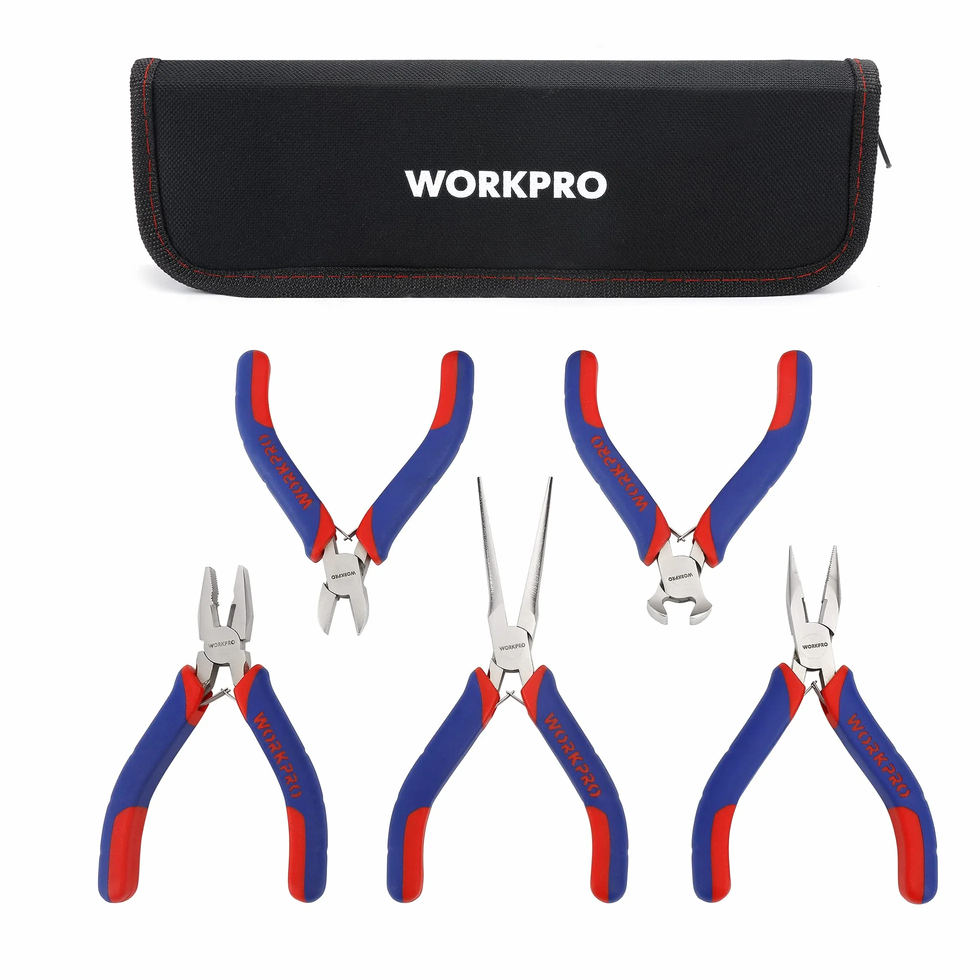 WORKPRO Zestaw mini szczypiec do biżuterii, 5-częściowy, w tym szczypce Linesman, szczypce z długim nosem, szczypce ukośne, cięcie końcowe, nosek igłowy z woreczkiem organizera