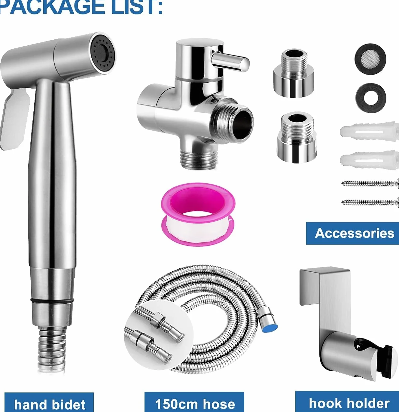 Natrysk Higieniczny (Bidet) ze Stali Nierdzewnej Szczotkowanej, Zestaw z Wężem i Zaworem G1/2” + G3/8” - do Toalety, Podmywania i Czyszczenia