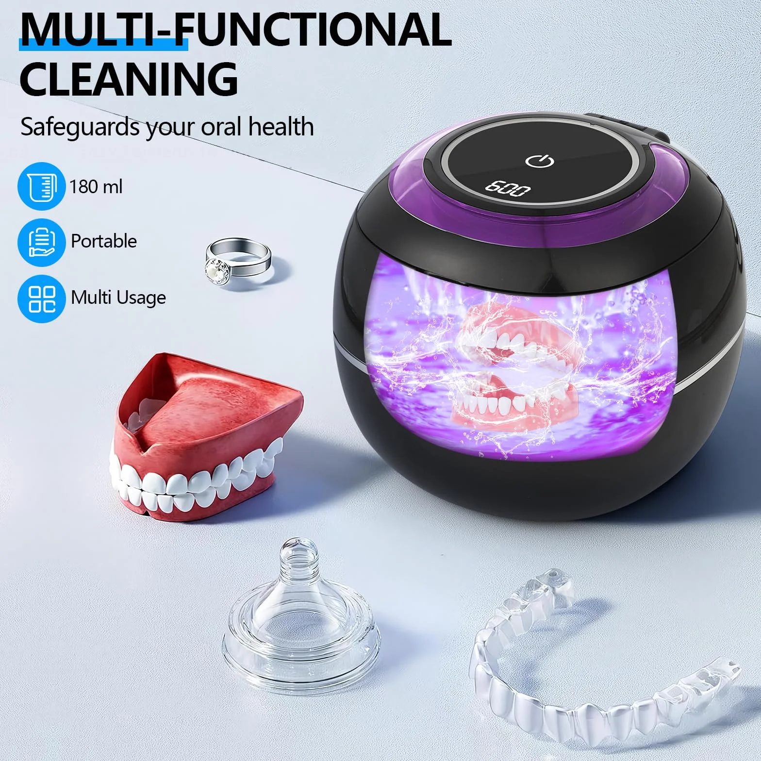 Ultrasoniczne urządzenie do czyszczenia protez, 42000 Hz, 180 ml, ultradźwiękowe urządzenie do czyszczenia UV, 30 W, do protez zębowych, korektorów, ochraniaczy i ochrony jamy ustnej (czarne)
