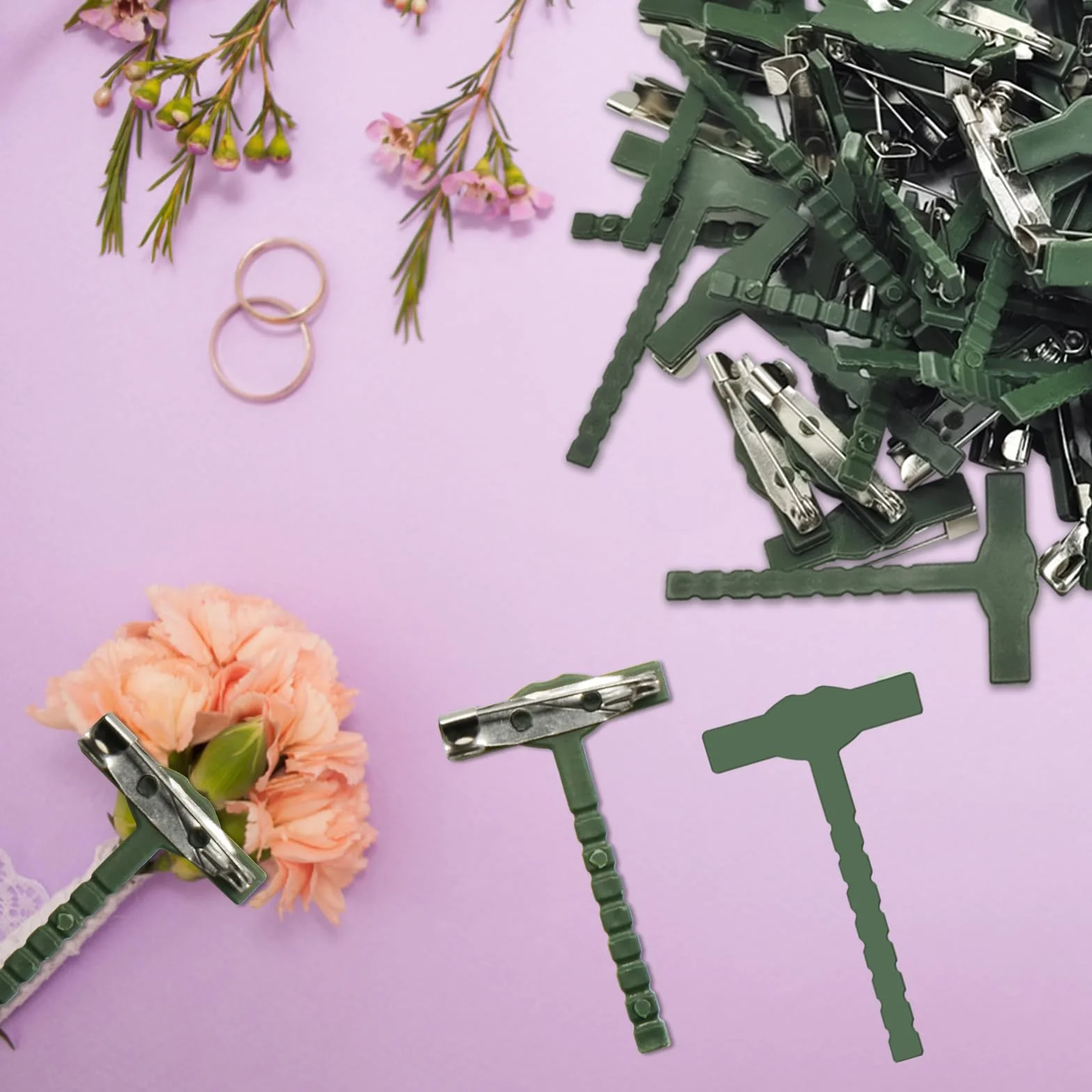 Zielona mała delikatna szpilka bezpieczeństwa w kształcie litery T 90 sztuk DIY ślub broszki boutonniere, akcesoria bezpieczeństwa do odzieży ślubnej