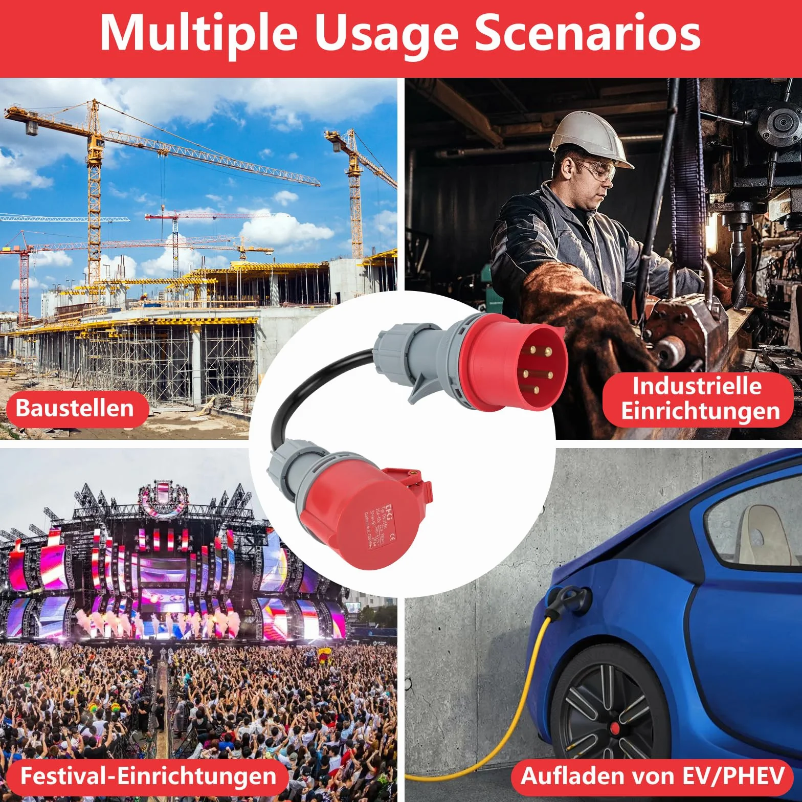 Adapter CEE, wtyczka 32 A (22 kW) na złącze 16 A (11 kW), 5-biegunowy, 400 V, długość 50 cm, stopień ochrony IP44, gumowy wąż