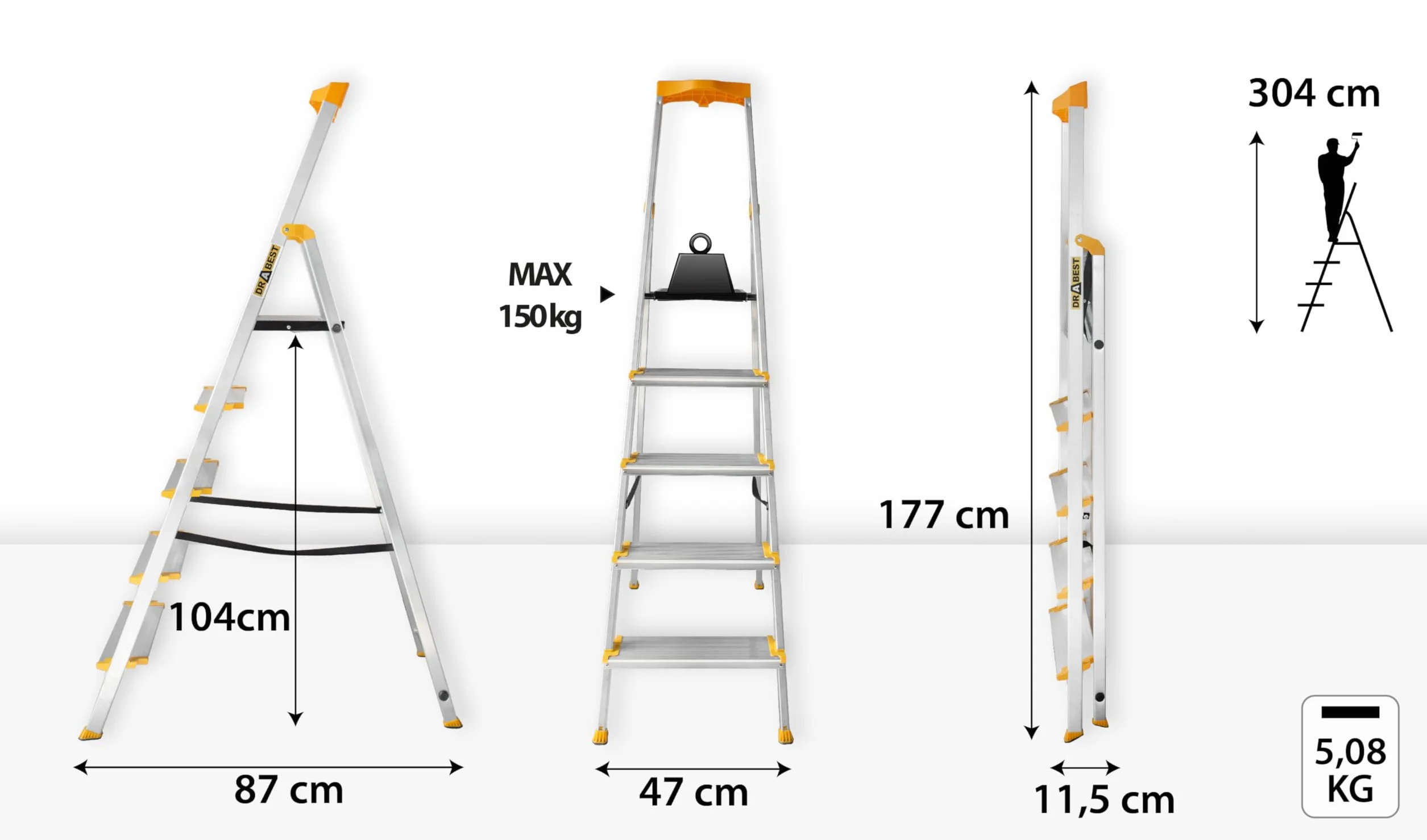 DRABEST Drabina schodkowa 5 stopni Składana - Drabina aluminiowa - Stabilna drabina składana z półką i szerokimi stopniami - 120 mm, antypoślizgowa - Drabina do użytku domowego i pracy - do 150 kg