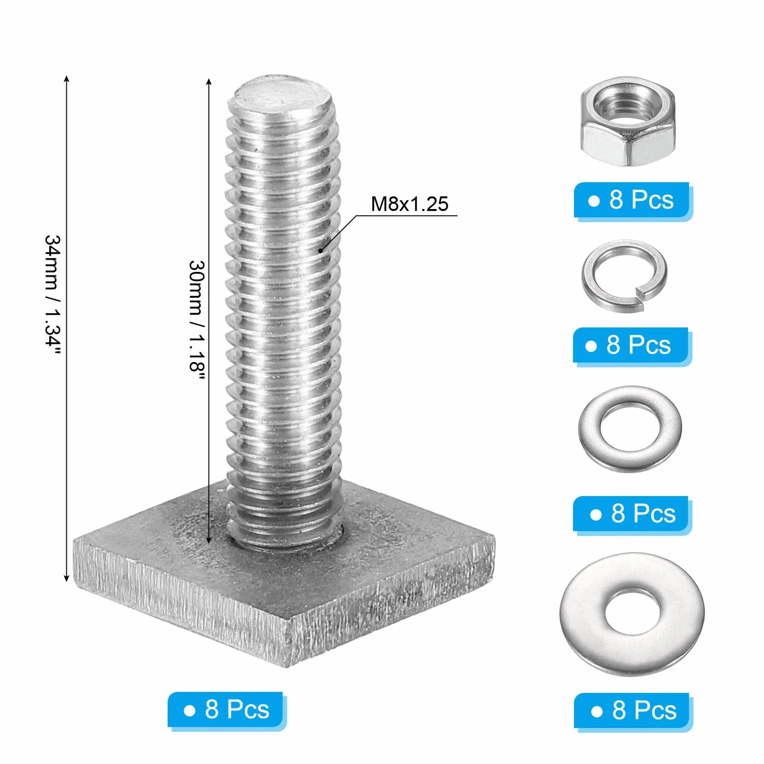 PATIKIL Śruby z rowkiem T M8 x 30 mm, 8 zestawów śrub z łbem kwadratowym ze stali nierdzewnej T z podkładkami nakrętkowymi do roweru, narciarstwa, stojaka na kajak
