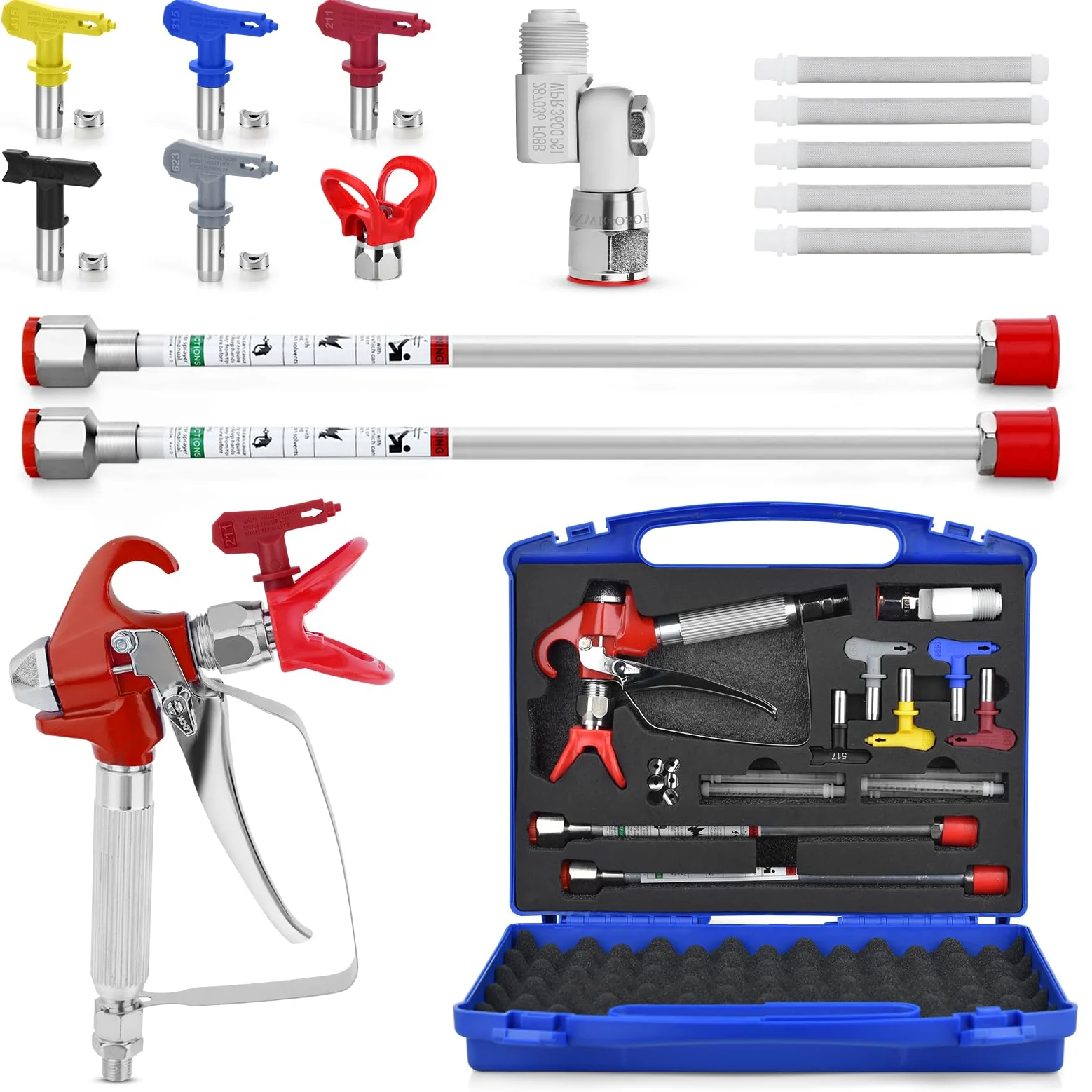 Zestaw pistoletów do malowania AIRLESS z 5 głowicami dysz, pistoletem do malowania AIRLESS 3600 PSI i 5 pojemnikami do przechowywania filtrów i sprzętu natryskowego (16 szt. pistoletu do malowania