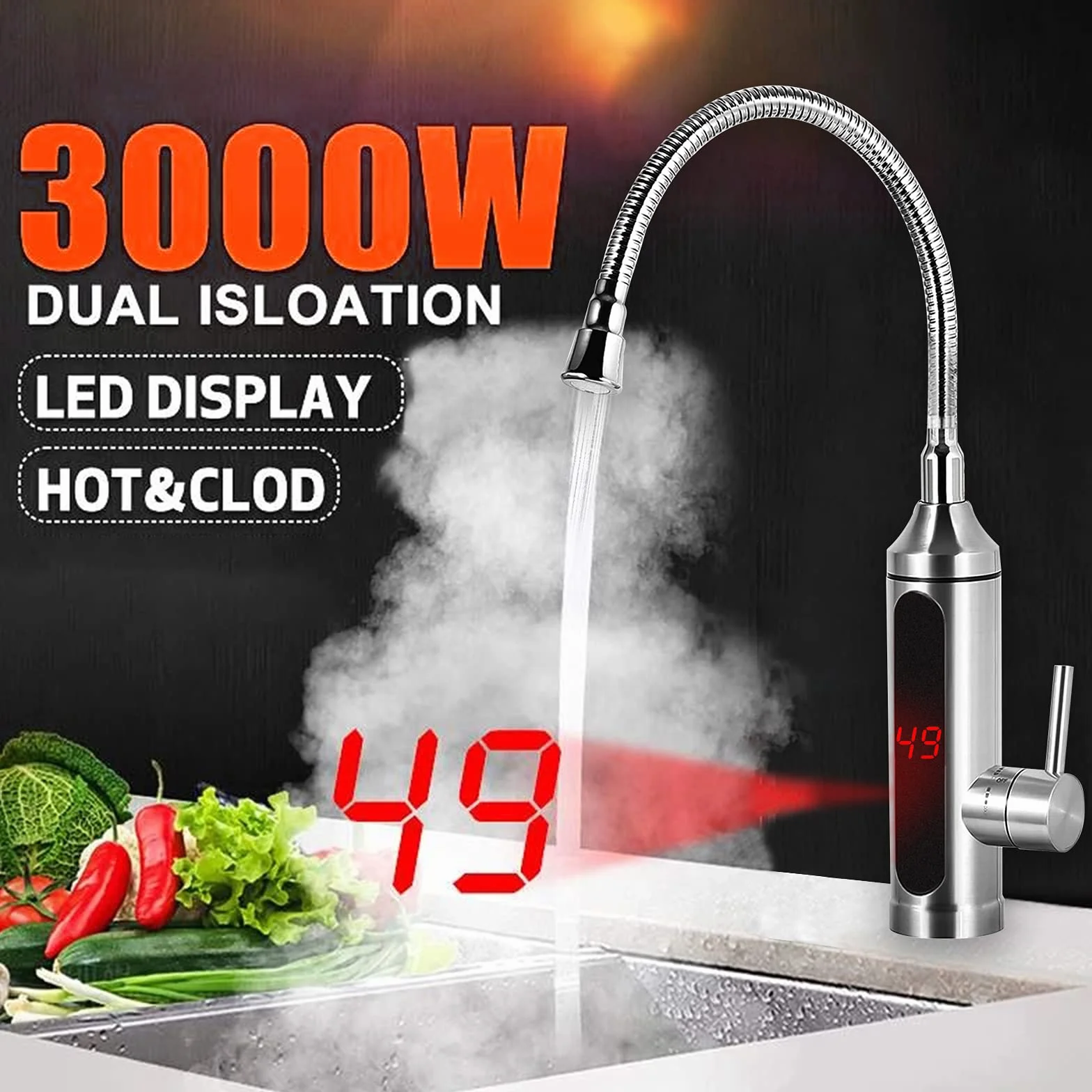 Elektryczny Kran Bateria z Natychmiastowy Podgrzewacz Wody LED Wyświetlacz Temperatury