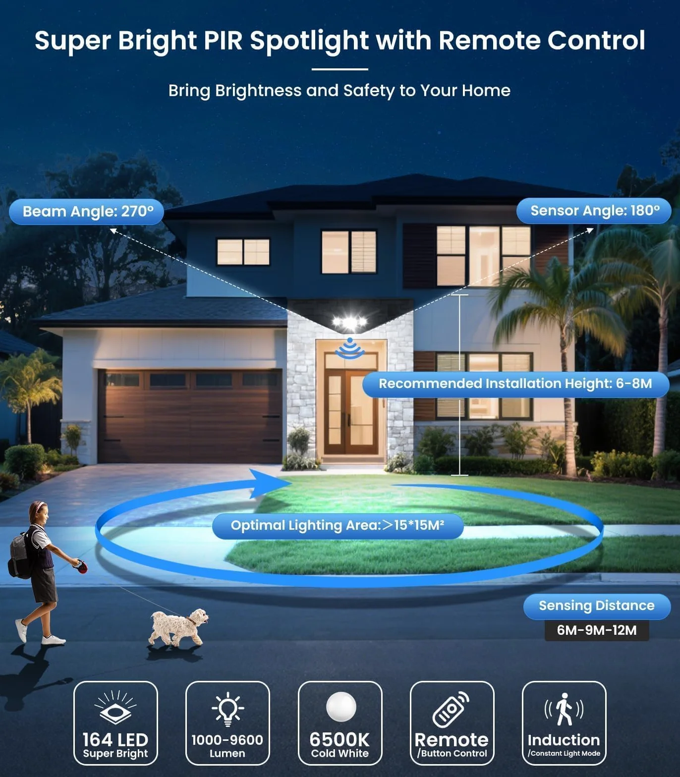 MEIHUA 100W LED Light Motion Sensor Remote Control 9600LM IP66 Waterproof 6500K 3-Head 270° Adjustable Outdoor Floodlight