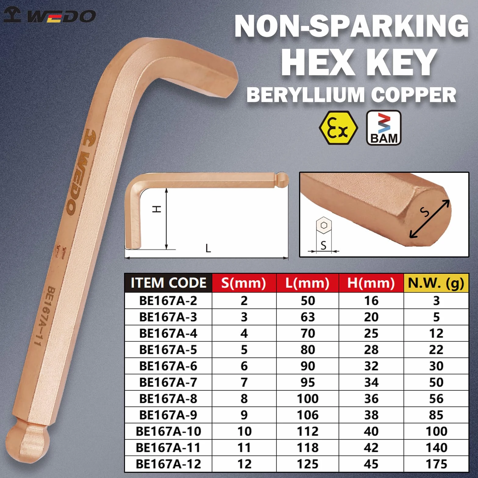 WEDO Nieparkingowy klucz imbusowy z kulką, klucz bezpieczeństwa bez iskier, miedź berylowa, standard DIN, certyfikat BAM i FM, 0,39", szerokość 10 mm