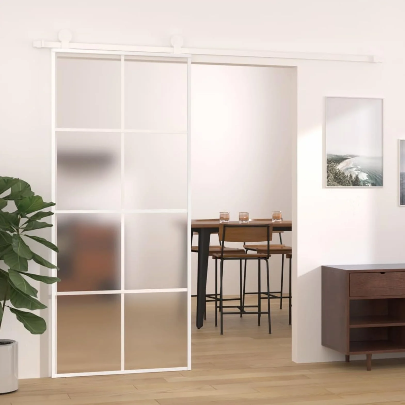 Homgoday 90 x 205 cm białe szklane i aluminiowe drzwi przesuwne do salonu, matowe