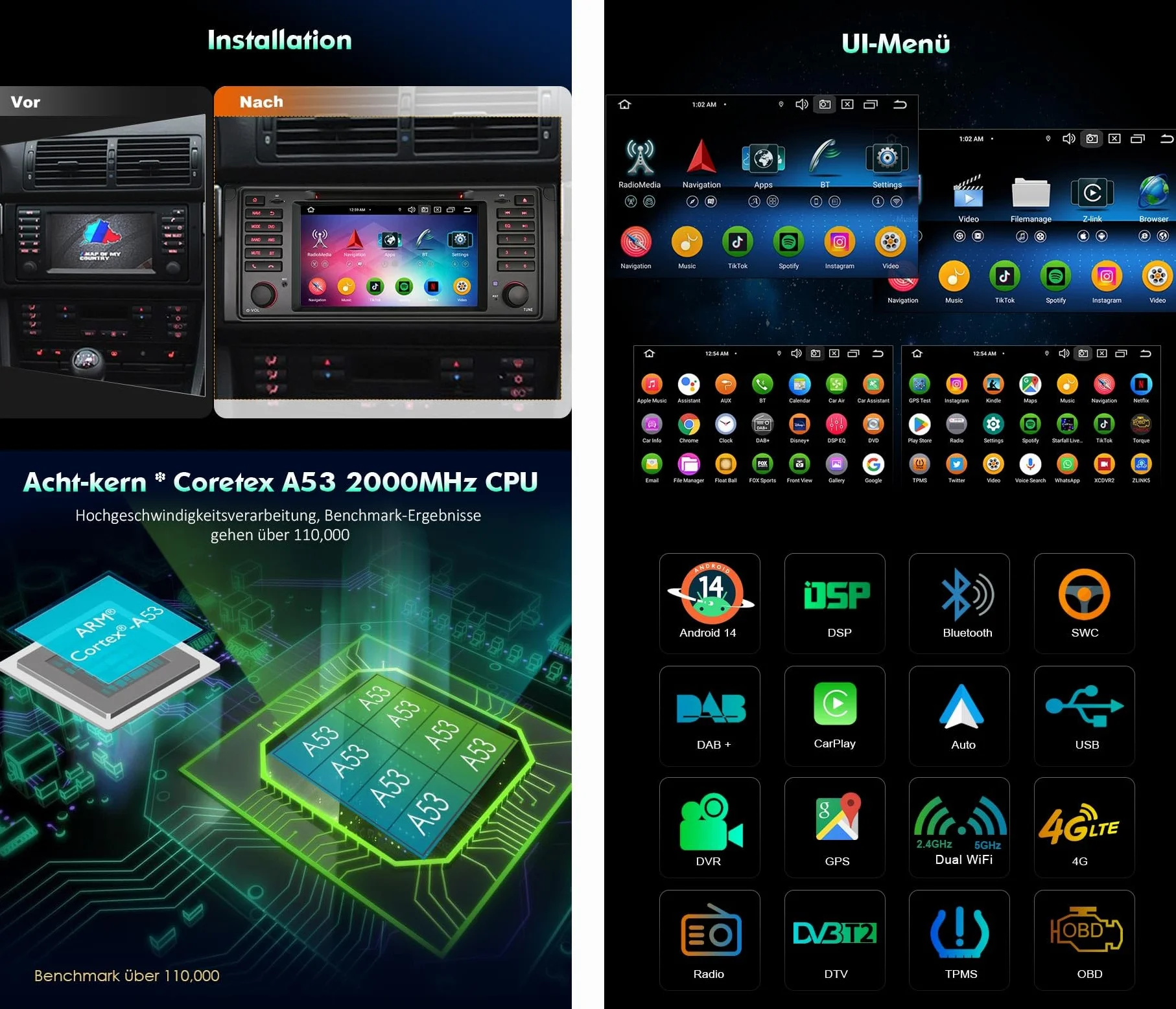 erisin 8-rdzeniowe [4G + 64G] Android 14 radio samochodowe do BMW serii 5 E39 M5 GPS Navi Carplay Android Auto DSP Bluetooth 5.0 A2DP DVD DSP WiFi DAB + 7 cali IPS ekran dotykowy DVR
