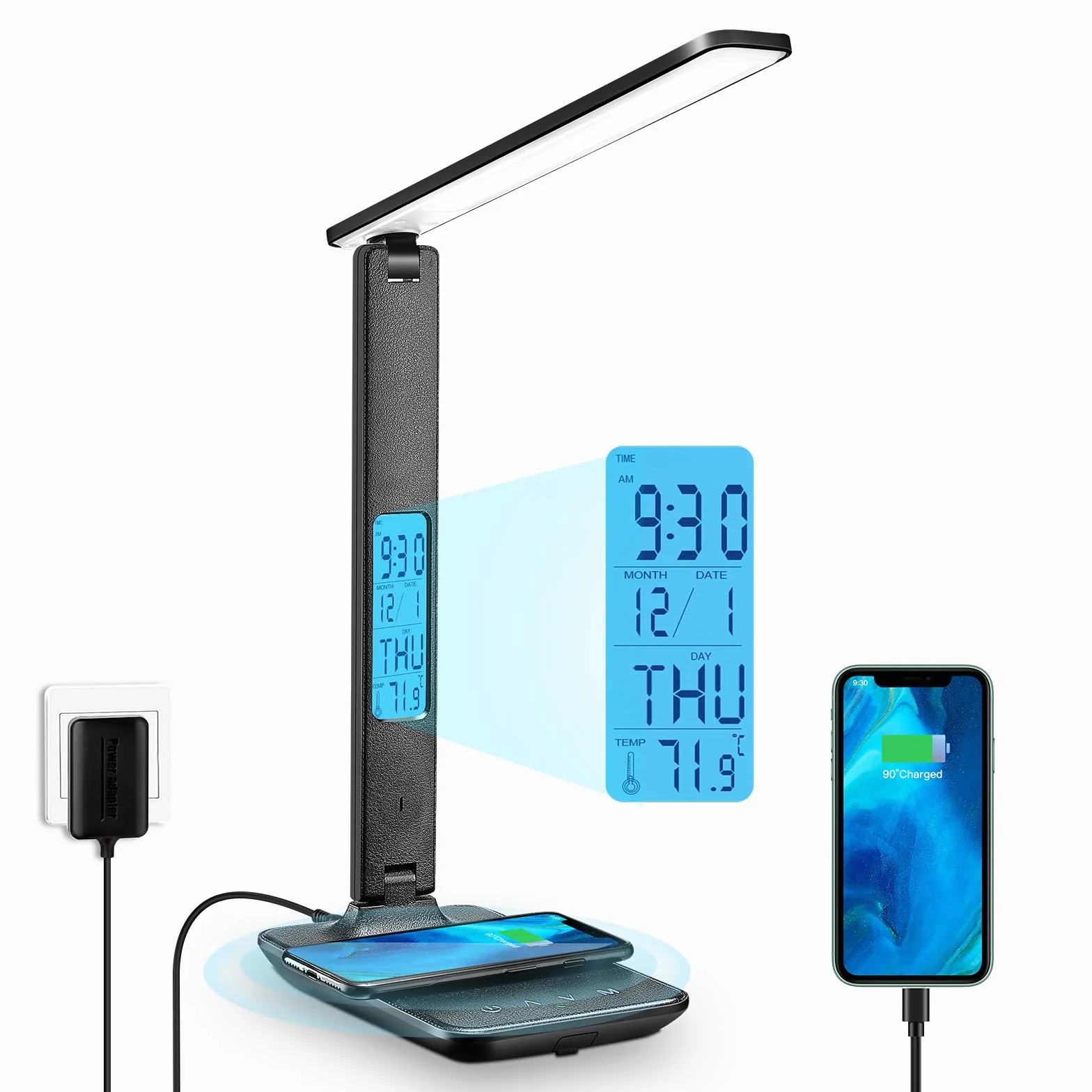 Ściemnialna lampa biurkowa LED z zegarem, 3 kolory i 5 poziomów jasności, przyjazna dla oczu lampka nocna z bezprzewodowym ładowaniem i portem USB, inteligentny wyświetlacz LCD