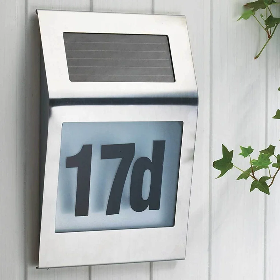2 diody LED ze stali nierdzewnej, zasilany energią słoneczną, z wyłącznikiem zmierzchu IP65, wodoszczelny, do użytku na zewnątrz, z numerami 0-9 i literami A-H