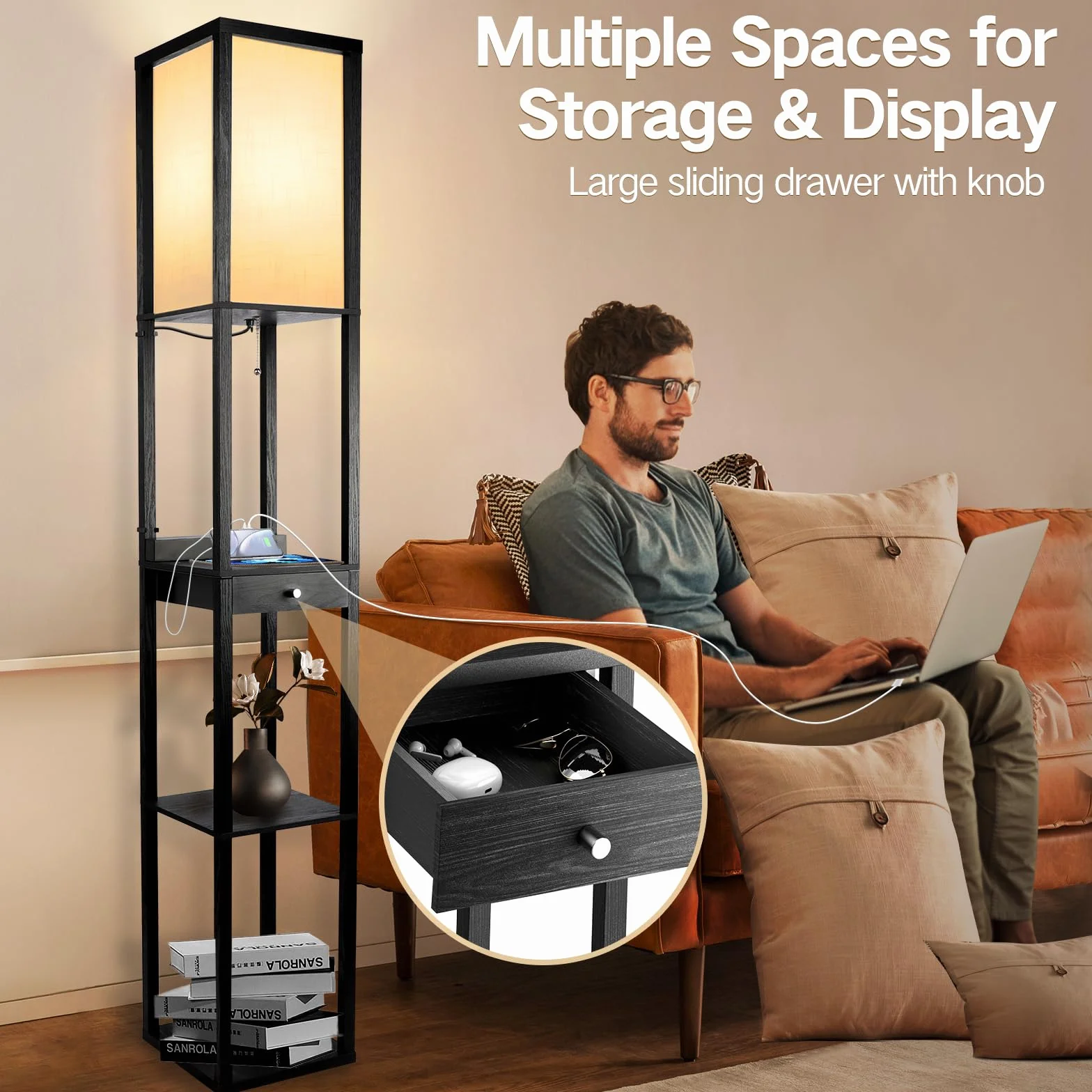 OUTON Lampa stojąca LED z szufladą, 3 temperatury barwowe, 2 porty USB, czarna