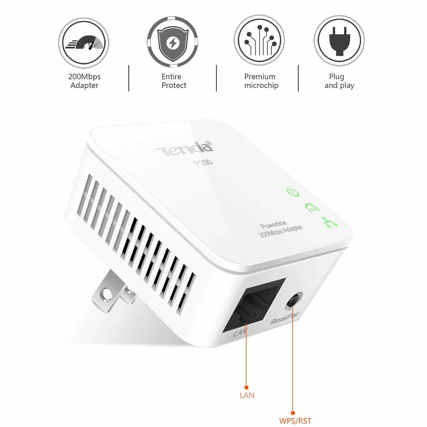 Tenda P200 Powerline Adapter KIT (200 MBit/s, HomePlug AV, 2 porty LAN, 128-Bit AES Encryption, Plug & Play, gniazdo internetowe kompatybilne ze wszystkimi adapterami Powerline) biały