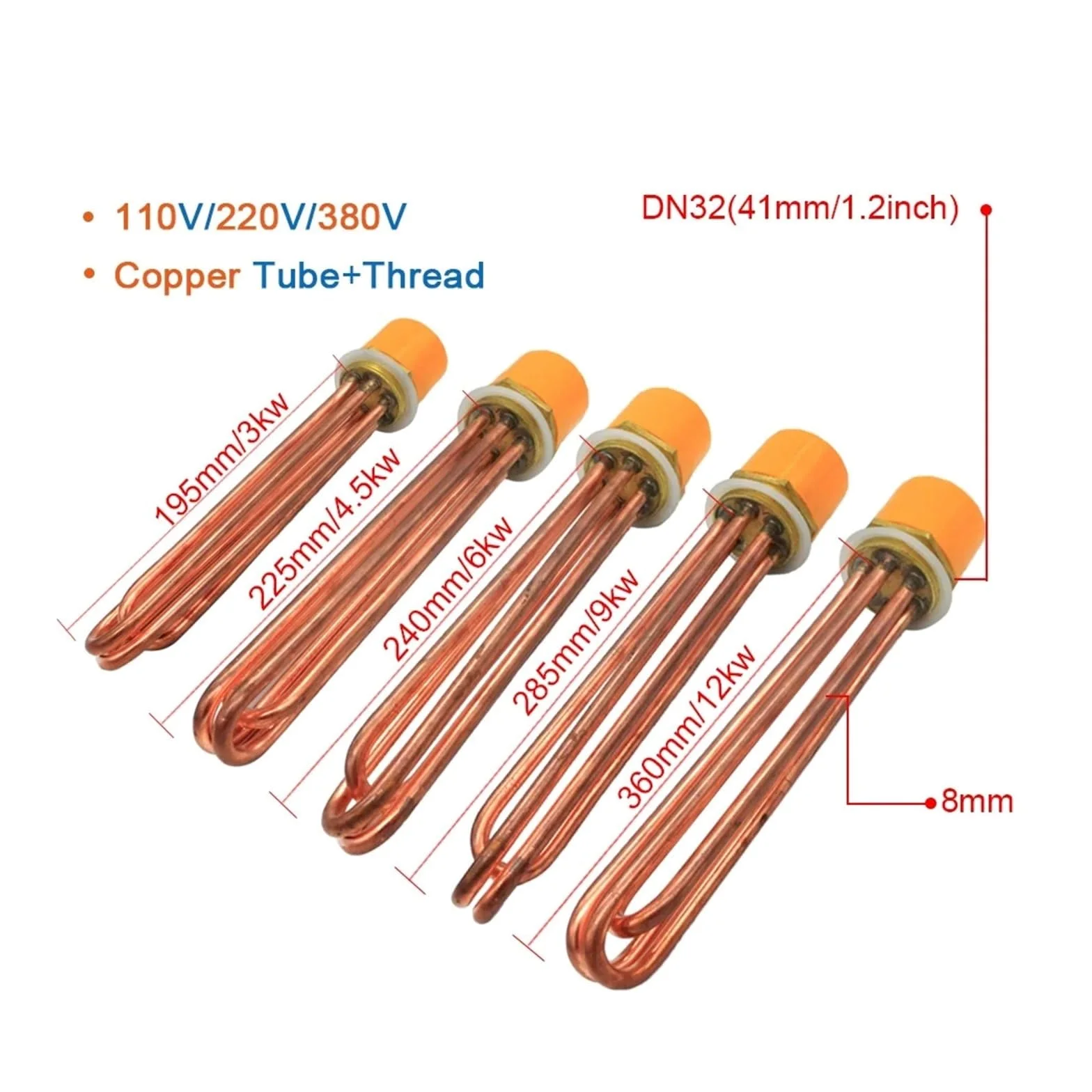 Rezystor do podgrzewacza wody DN32 Miedziany element grzewczy do wody 110-380 V 3-12 kW 195-360 mm Wielokolorowy(Grey,380V-6KW 240L DN32)