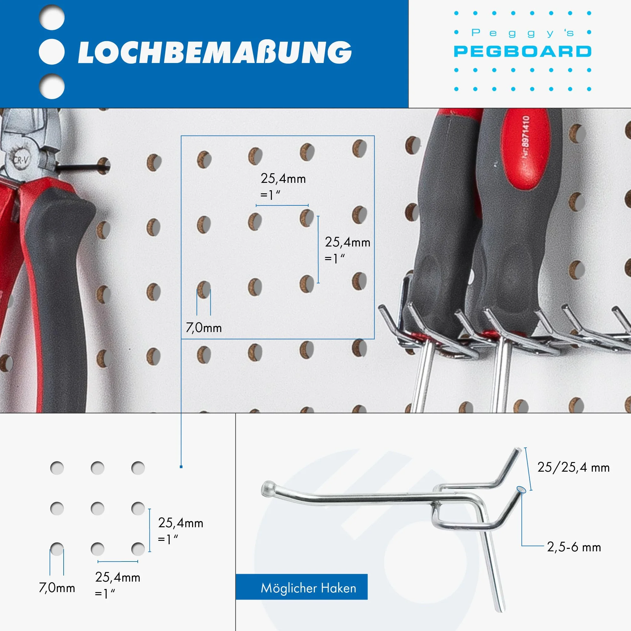 Pegboard MIDI 1 sztuka ściany narzędziowej z drewna (MDF) 100 x 60 x 0,5 cm – otwór Ø 7 mm odstęp między otworami 25,4 mm – lakierowana na biało – Made in Germany