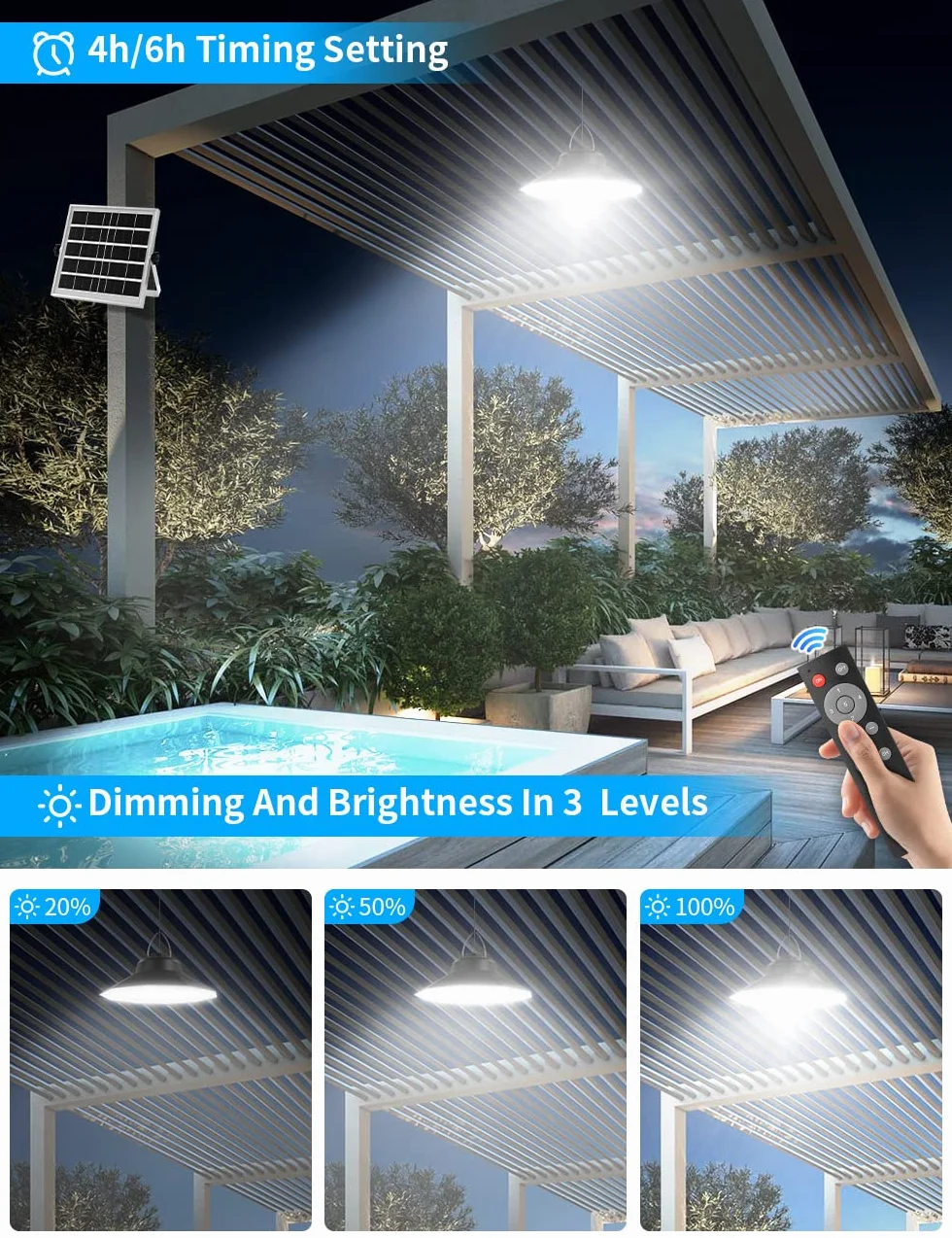 Sararoom Lampa solarna do użytku na zewnątrz, wisząca, 98 LED/5 trybów pracy, solarna lampa wisząca z czujnikiem ruchu, wodoszczelność IP65, 3 kolory/pilot zdalnego sterowania, kabel 5 m, do ogrodu,