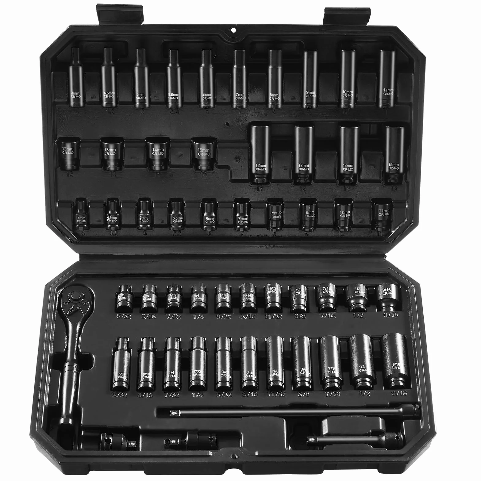VEVOR Zestaw nasadek perkusyjnych 6,35 mm, zestaw 55 głębokich i mało głębokich kompasów SAE 5/32-9/16" i metryki 4-15 mm do napraw samochodów, kompasów, łatwe do odczytania oznaczenia rozmiaru