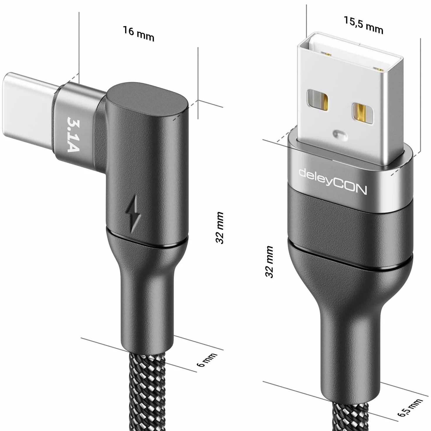 deleyCON 0,15m Kabel USB-C Kątowy 90° - Krótki Kabel ładujący i Danych USB-A do USB-C Pod Kątem do iPhone 17 16 15 Pro Max Air, Galaxy A16 A56 S25 S24 S23, Pixel, AirPods, Laptopa, PS5