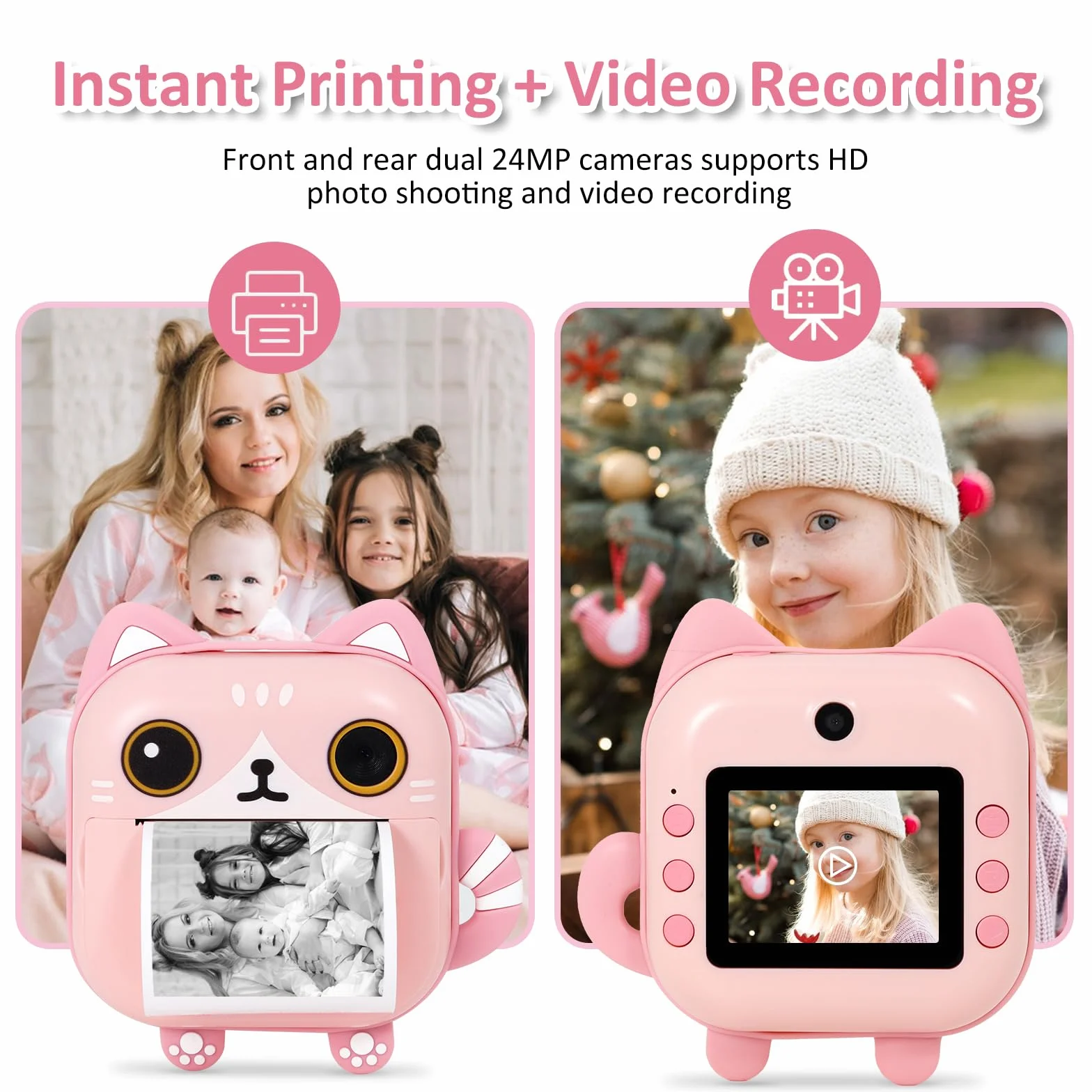 AURTEC Aparat natychmiastowy dla dzieci, mini kamera termowizyjna, nie wymaga atramentu, podwójny aparat 48 MP, wideo HD 1080P, karta TF 32G, 3 papier do drukowania, kolorowy ekran 2,4 cala, uroczy