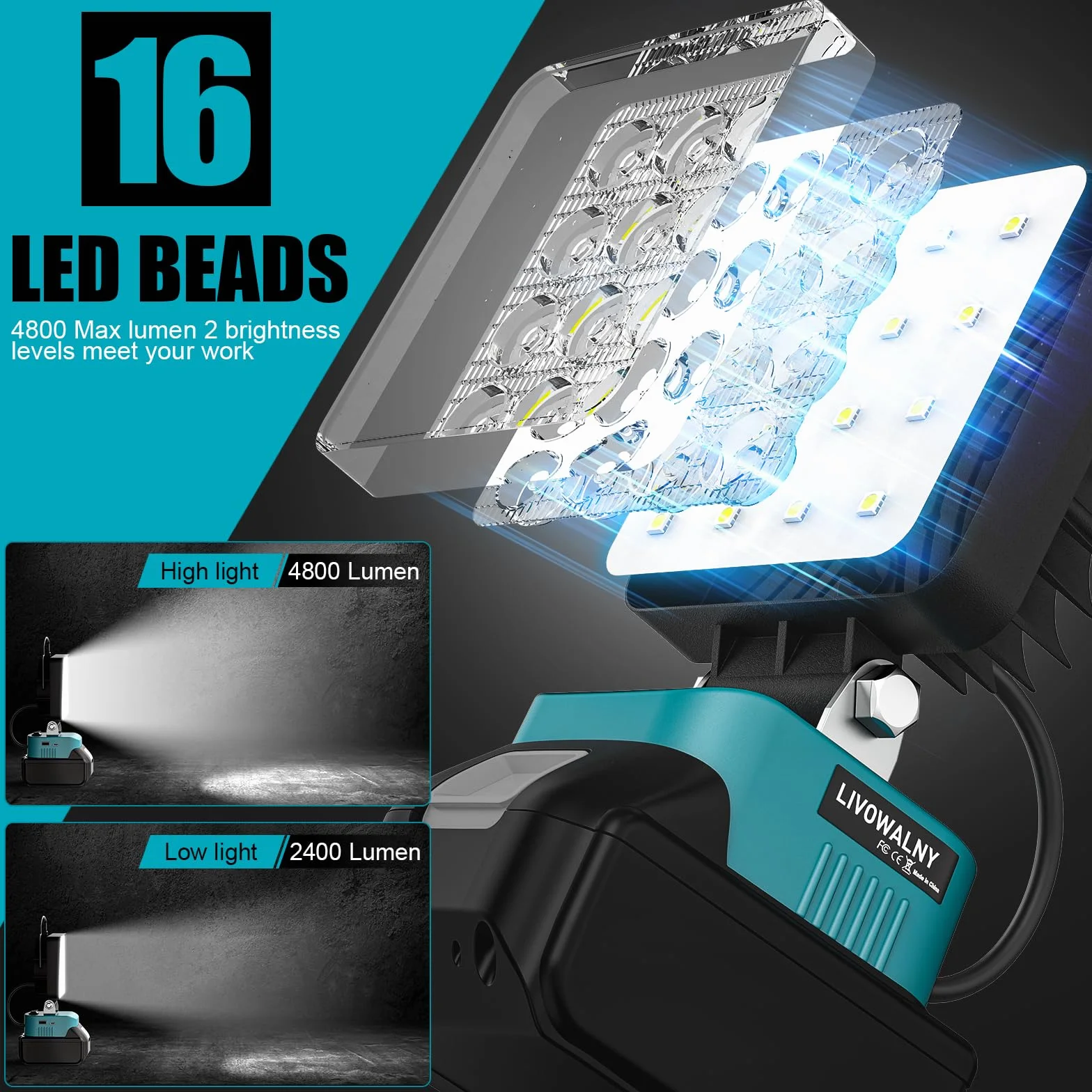 48W Akumulatorowa Lampa LED do Ma-kita 18V - LIVOWALNY 4800LM Ulepszony Podwójny Przełącznik Lampa Bezprzewodowa Reflektor z USB i Typem C na Kemping, Wędrówki Piesze, w Nagłych Wypadkach