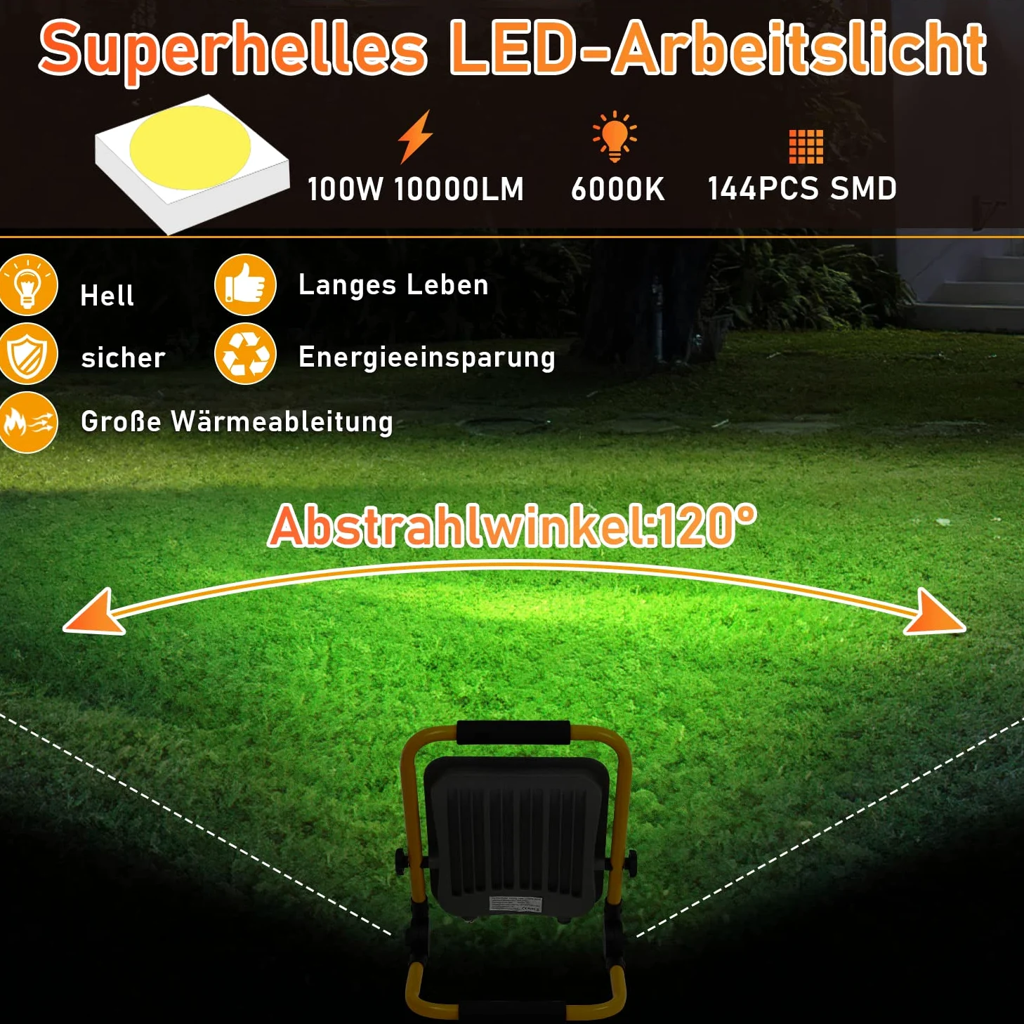 Ikodm Reflektor budowlany LED, 2 x 100 W, przenośny reflektor, 10000 lm, 6000 K, zimna biel, reflektor budowlany, lampa robocza IP66, kabel M i składany stojak do warsztatu (z wtyczką)