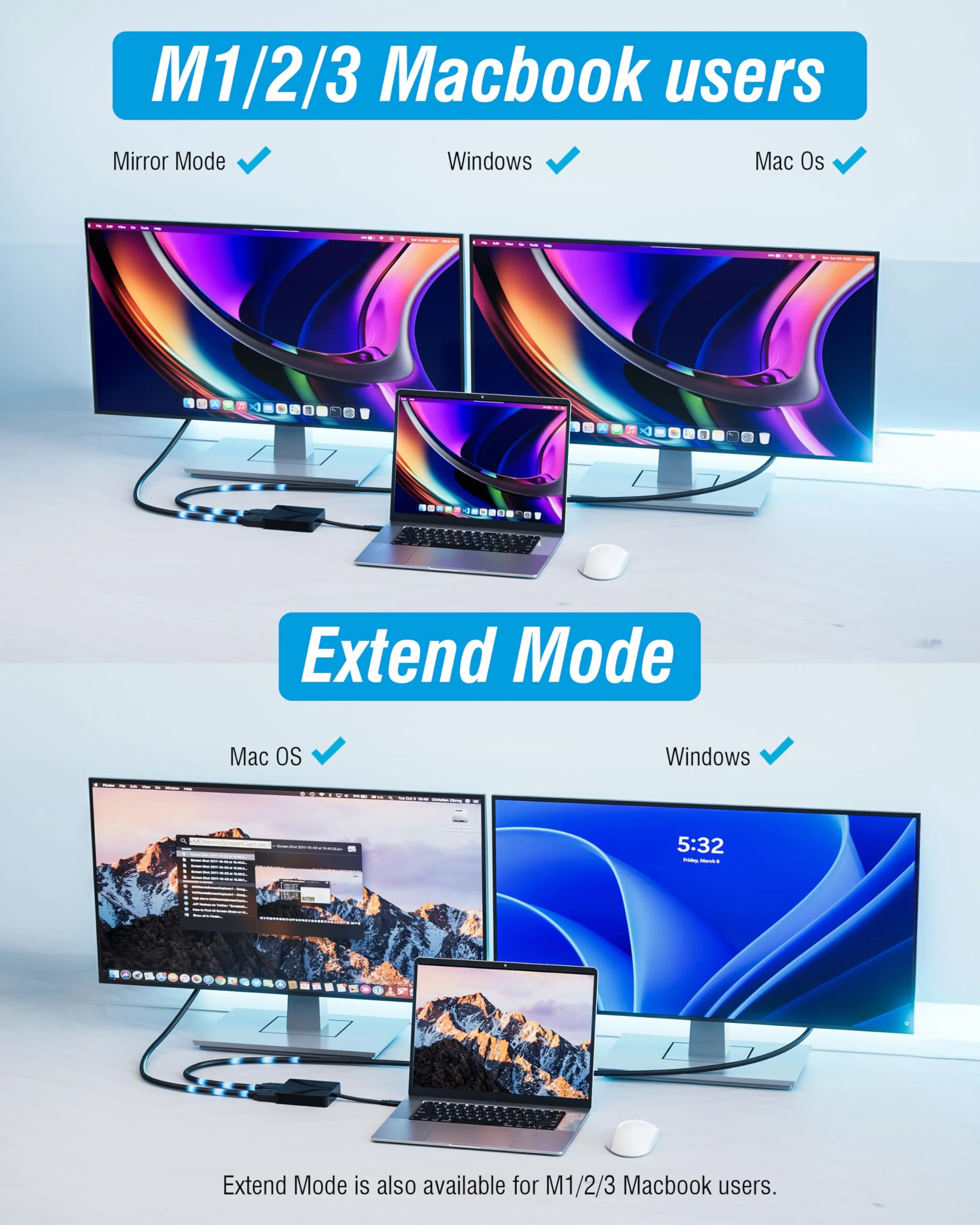 SABRENT Podwójny adapter HDMI z DisplayLink for Mac – adapter USB-C/A na podwójny monitor HDMI, rozszerzony wyświetlacz 4K przy 60 Hz, dźwięk stereo/5.1, obsługa HDCP, aluminiowa obudowa (DA-CA2H)