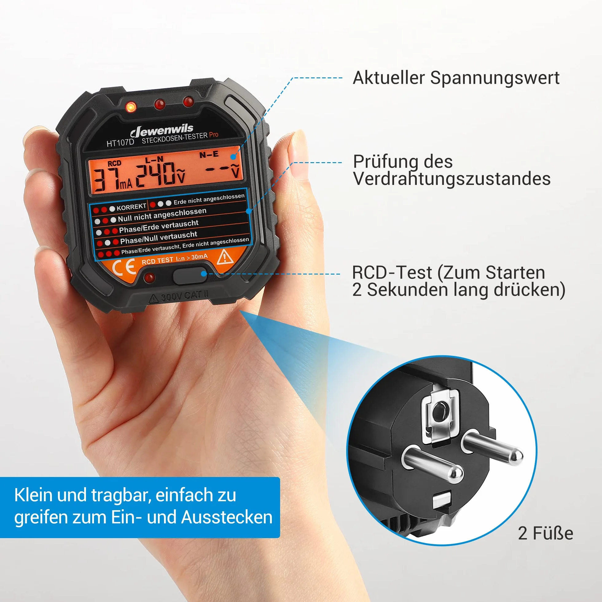 DEWENWILS Tester gniazd z kontrolą RCD i wyświetlaczem napięcia LCD, 6 rodzajów diagnostyki błędów, wskaźnik napięcia i prądu, test FI, 48-250 V/45-65 Hz, CAT ll 300 V