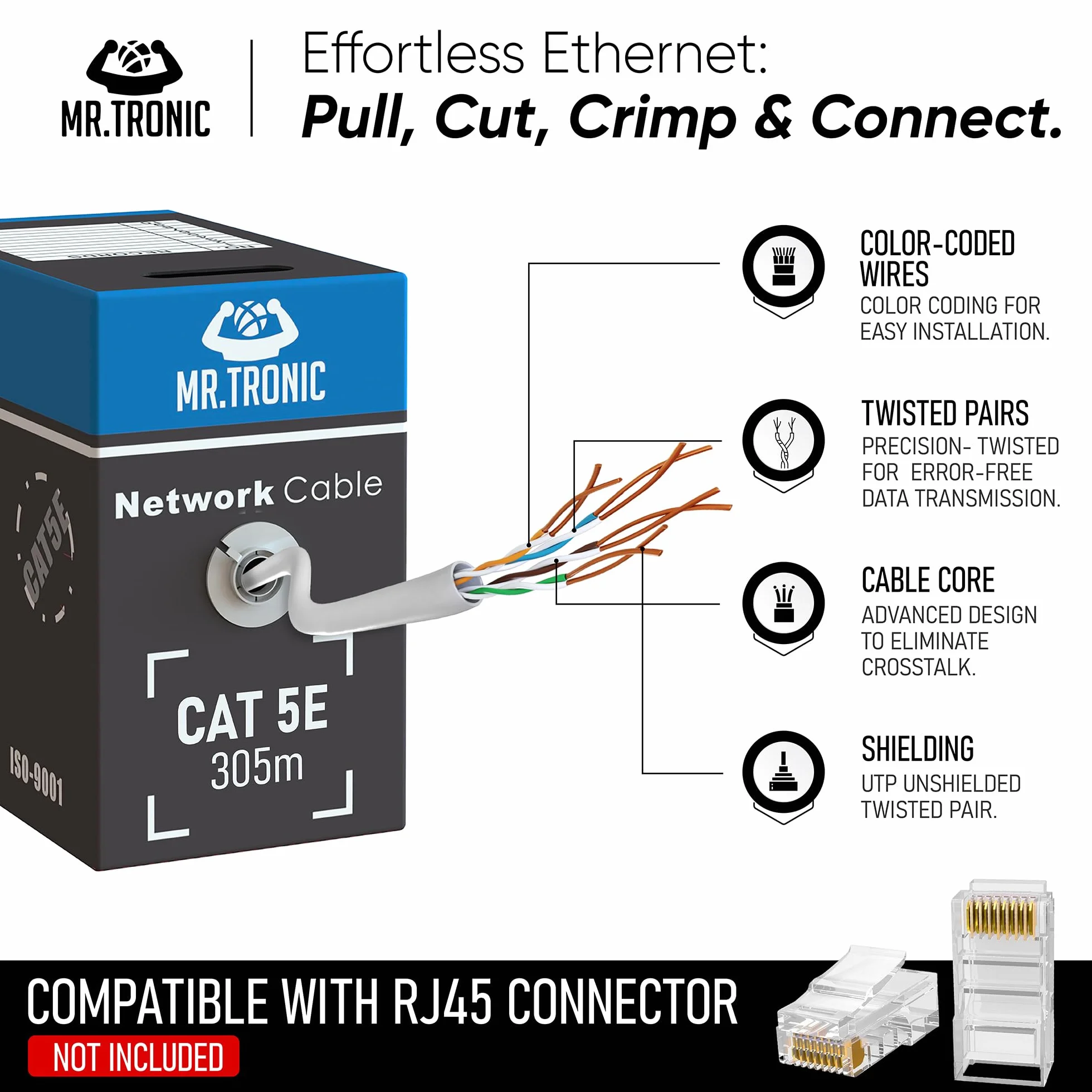 Pan. Tronic 305m Kabel sieciowy Ethernet Cewka | Kabel instalacyjny | CAT5E, AWG24, CCA, UTP, RJ45 | Gigabit LAN | Szybki Internet | PC, przełącznik, router, modem, przełącznik (305 metrów, szary)
