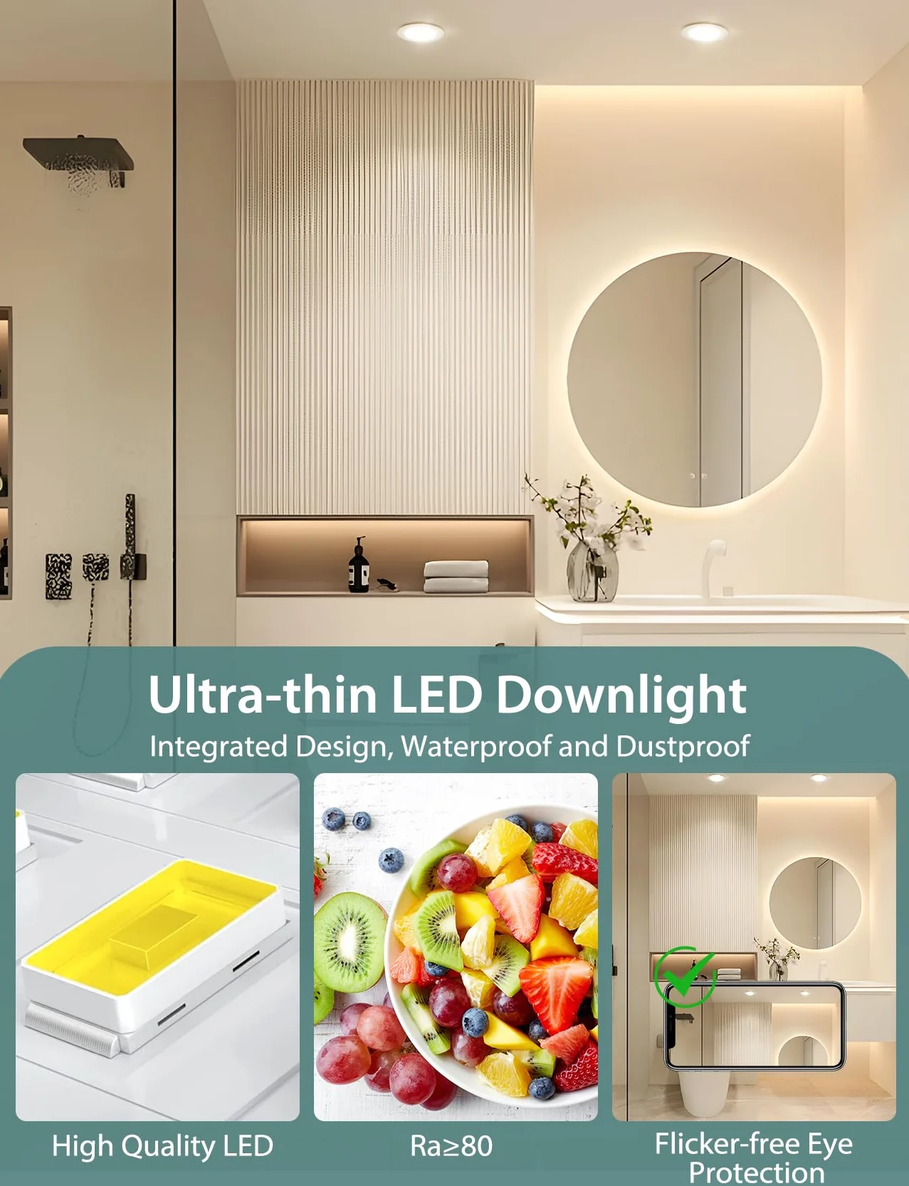 Aigostar LED Downlight sufitowy wpuszczany 4,8 W IP65 wodoodporny, Bull's Eyes 4000 K światło naturalne, bardzo płaski LED Downlight łazienkowy biały, ø87*H35 mm, 3 sztuki