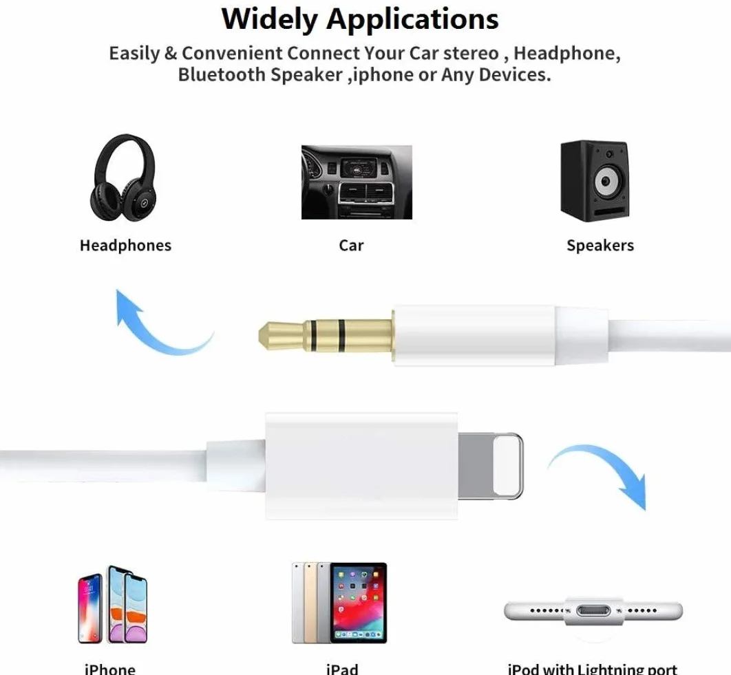 Kabel Aux do iPhone'a w samochodzie,kabel Aux 3,5mm o długości 1,2m do gniazda Lightning do samochodowego zestawu stereo/słuchawek/głośników,kompatybilny z iPad/iPhone14/13/12/11/Pro Max/X/XR/XS/8Plus