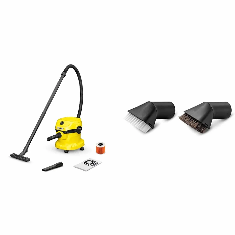 Kärcher Odkurzacz na Mokro/Sucho WD 2 Plus V-12/4/18/C, w tym filtr kartridżowy, worek filtracyjny z włókniny, 1000 W & Zestaw ssawek szczotkowych