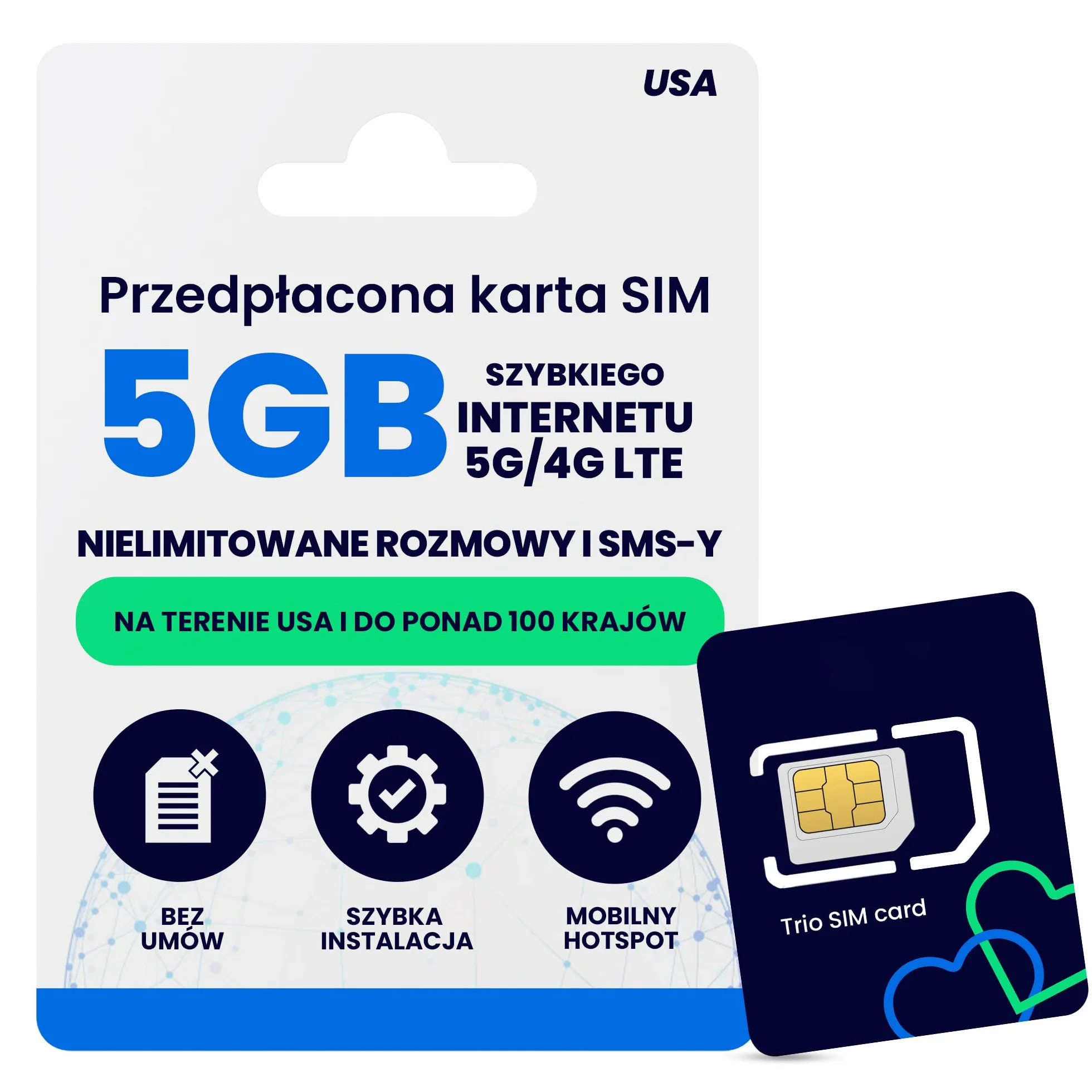 Lycamobile Przedpłacona Fizyczna Karta SIM USA na 30 Dni - 5GB Szybkiego Internetu 4G LTE/5G, Międzynarodowe Rozmowy i SMS-y do Ponad 100 Krajów, Szybka Aktywacja, Karta SIM do Telefonu w USA