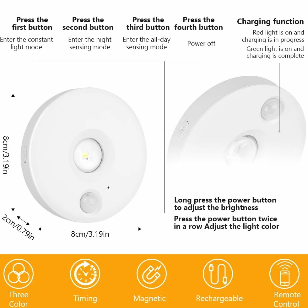 Hotut Akumulatorowe bezprzewodowe lampy Puck, 3 sztuki, ładowalne lampki nocne LED z 3 trybami oświetlenia, LED Puck, pilot zdalnego sterowania, zasilanie bateryjne, do szafki, schodów, szaf, kuchni