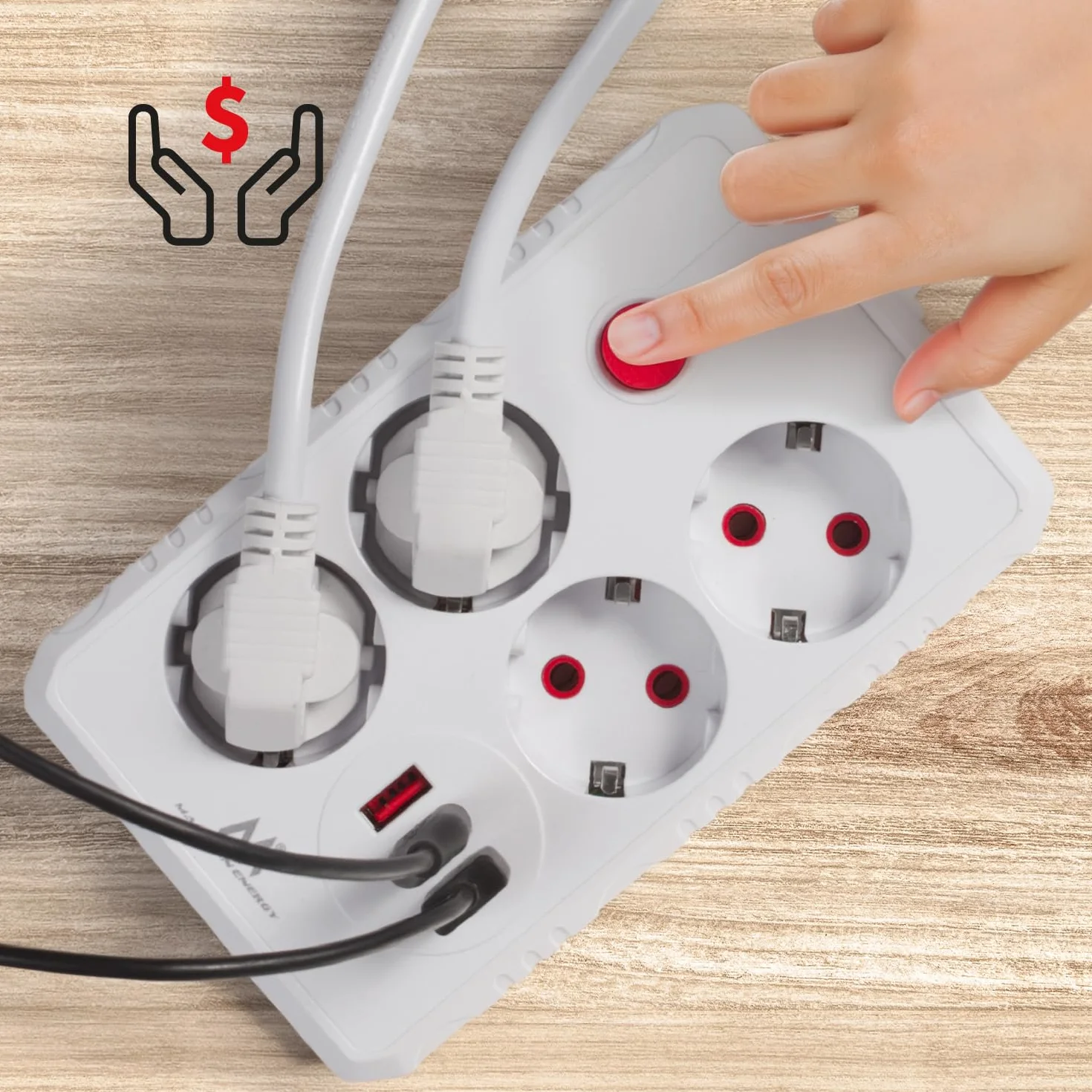 Listwa zasilająca Maclean MCE392/393 4 gniazda 3xUSB 2500W kabel 1,5 m gniazda wygięte pod kątem 45° podświetlany wyłącznik Biały