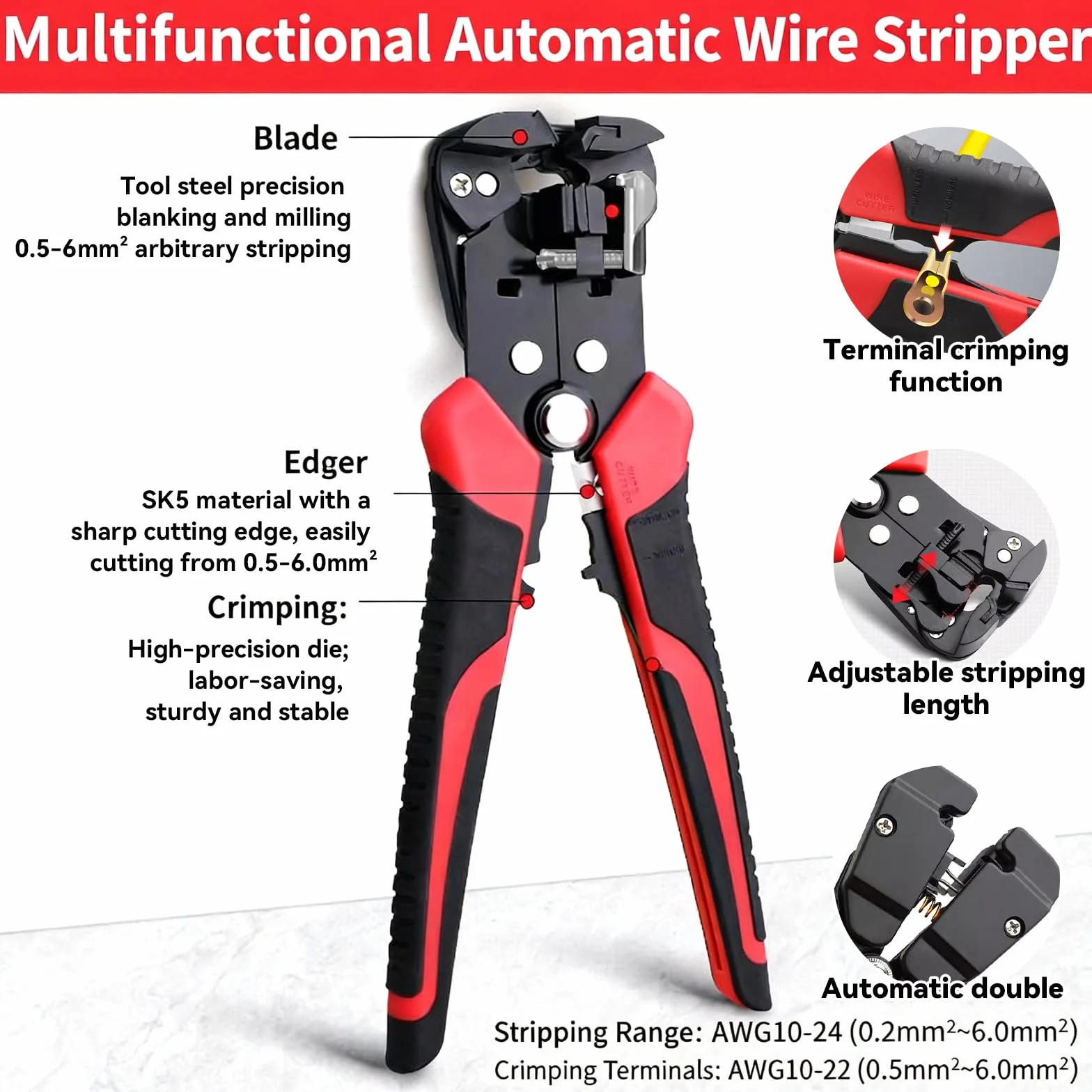 Automatyczne szczypce do ściągania izolacji, 3 w 1, narzędzie do ściągania izolacji: 0,2 – 6 mm², szczypce do ściągania izolacji z antypoślizgowym, regulowany ogranicznik długości, do