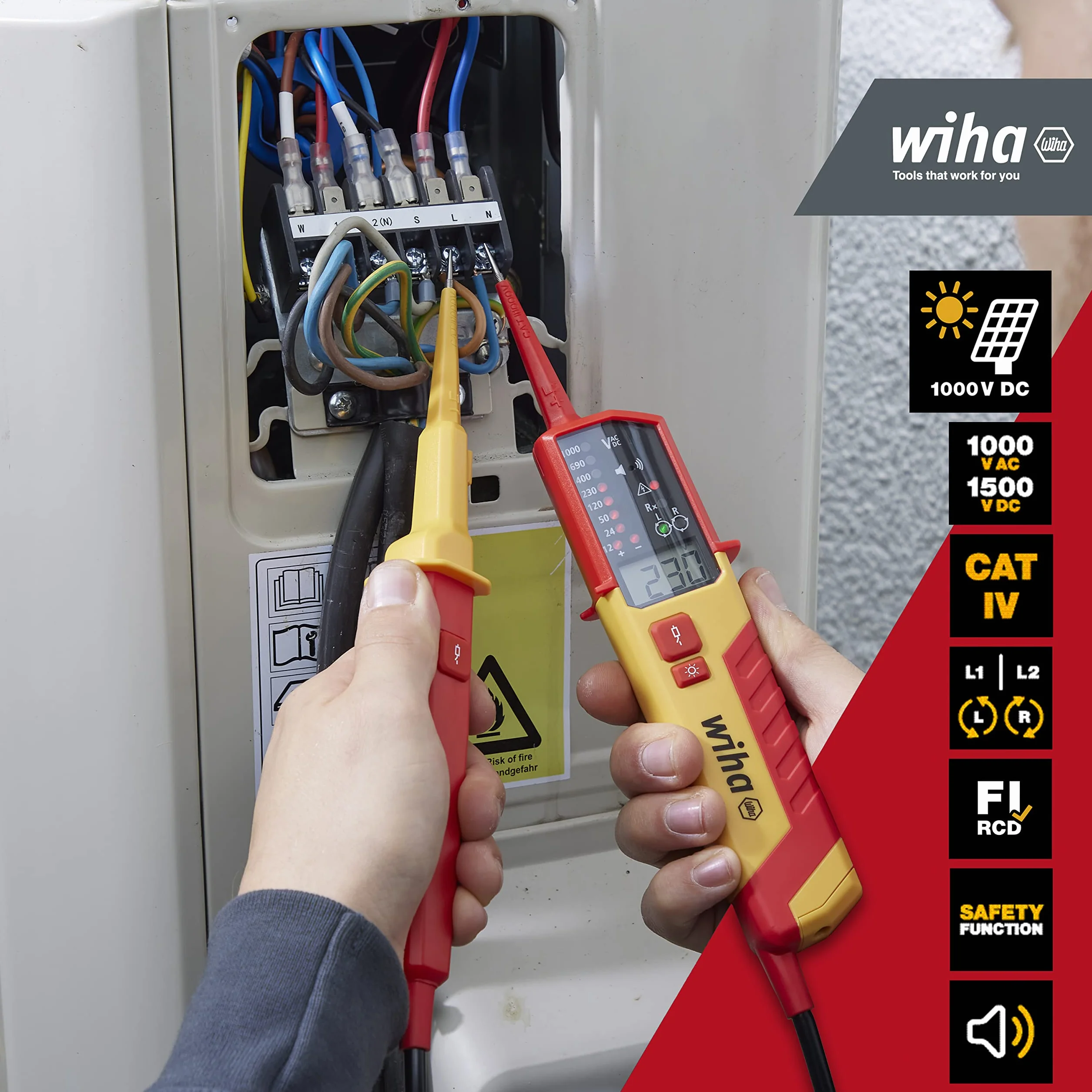 Wiha Tester napięcia i ciągłości 1500 V, CAT IV w zestawie 2 x baterie AAA I kompatybilny z fotowoltaicznymi I LED/LCD (45217), czerwony/żółty