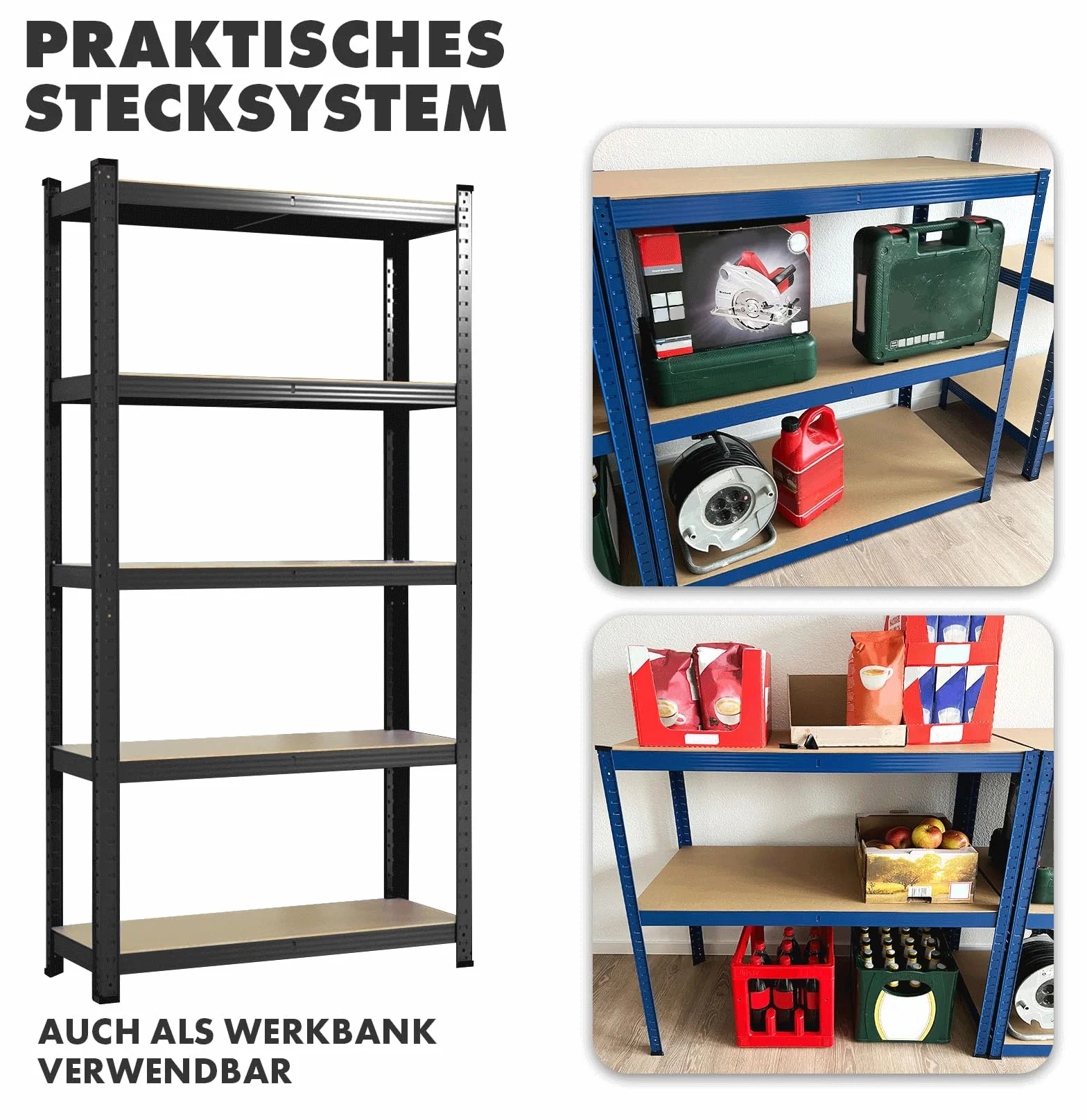 KARAT Regał do dużych obciążeń, zestaw 2 szt. – regał wtykowy, do piwnicy, regał magazynowy – 5 regulowanych półek (czarny, 50 x 100 x 200 cm)